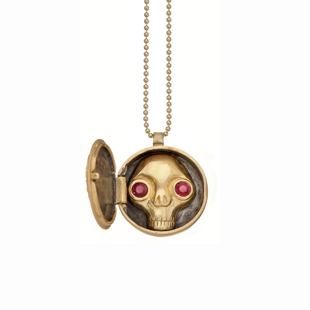 Contemporary Wendy Brandes One-of-a-Kind Skull (inside) Gold Ruby Heart Locket Necklace