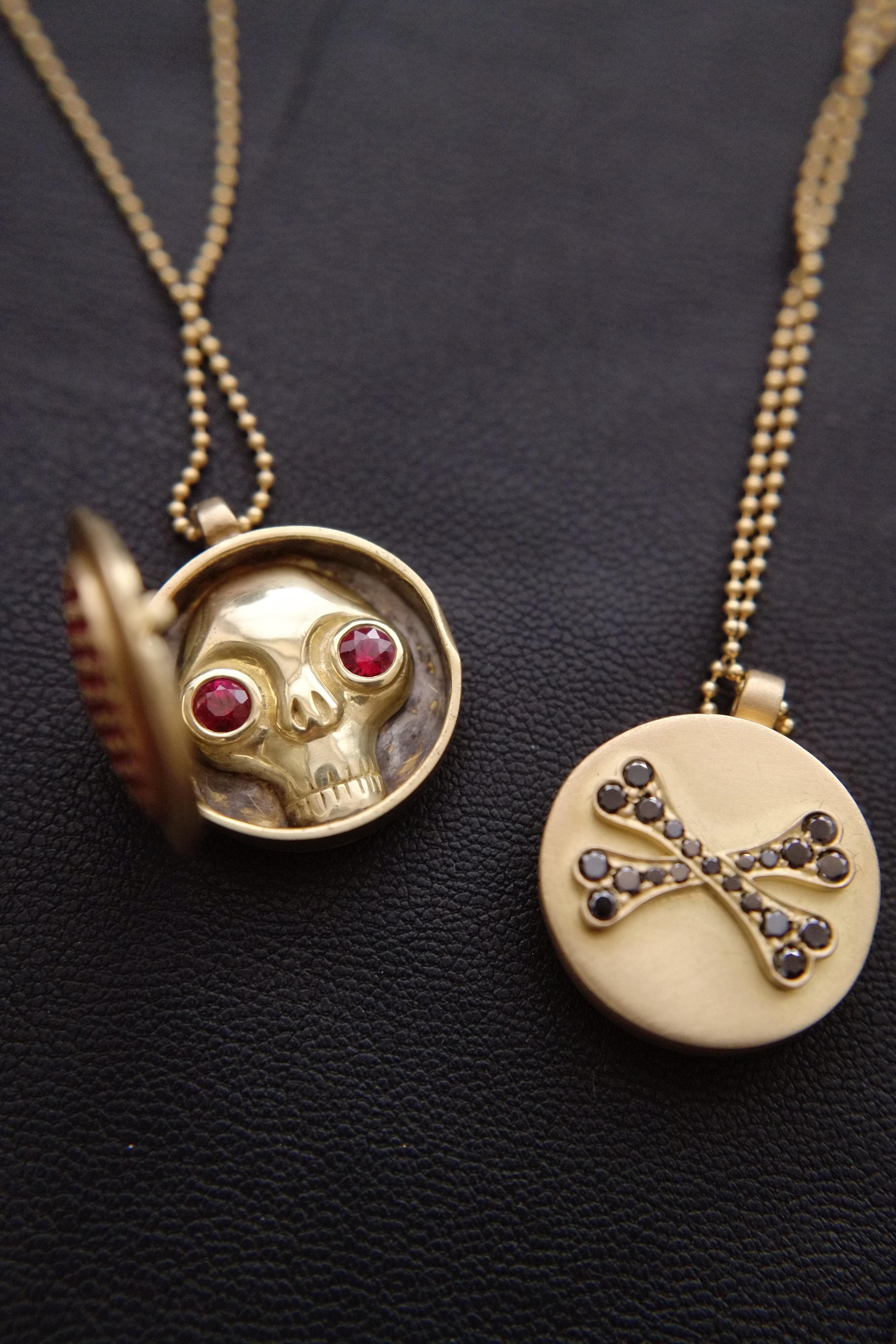 Wendy Brandes One-of-a-Kind Skull (inside) Gold Ruby Heart Locket Necklace 2
