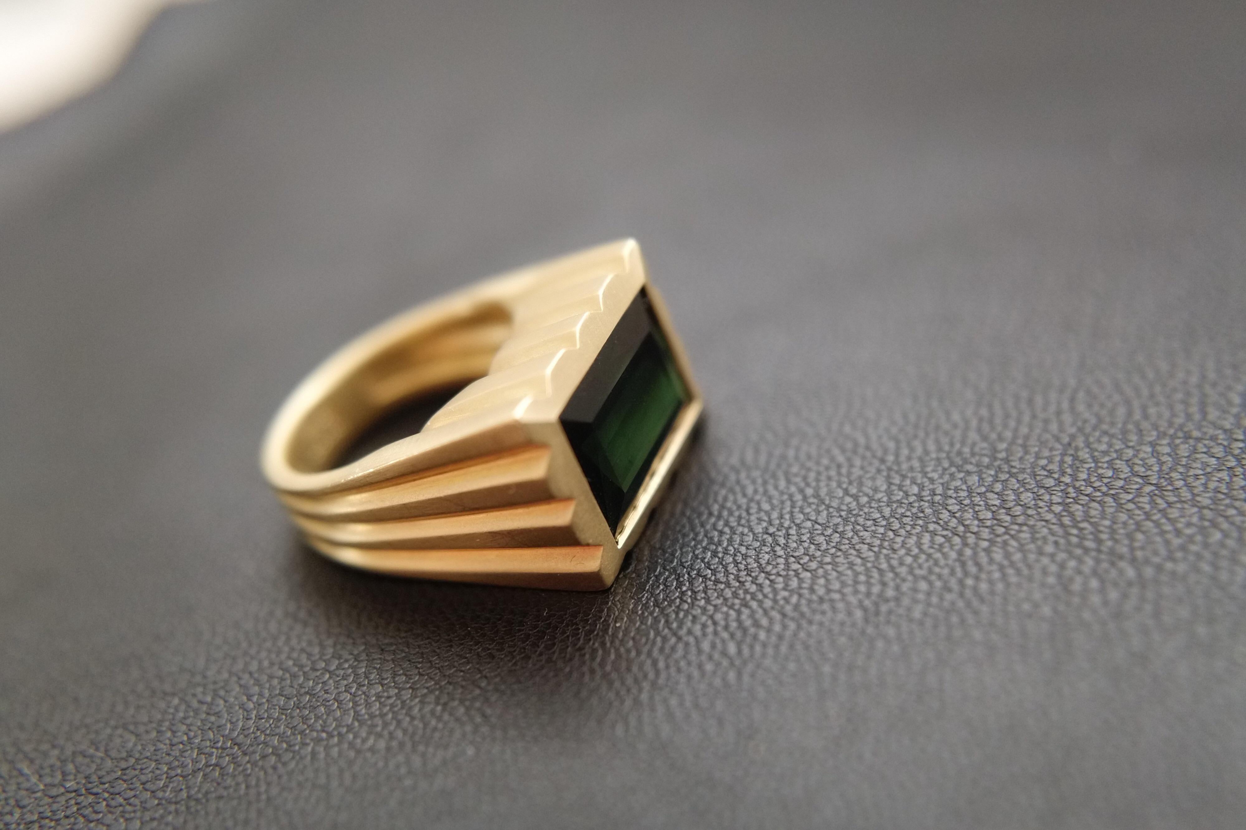Wendy Brandes Signet Style Unisex Green Tourmaline and Gold Ring 1