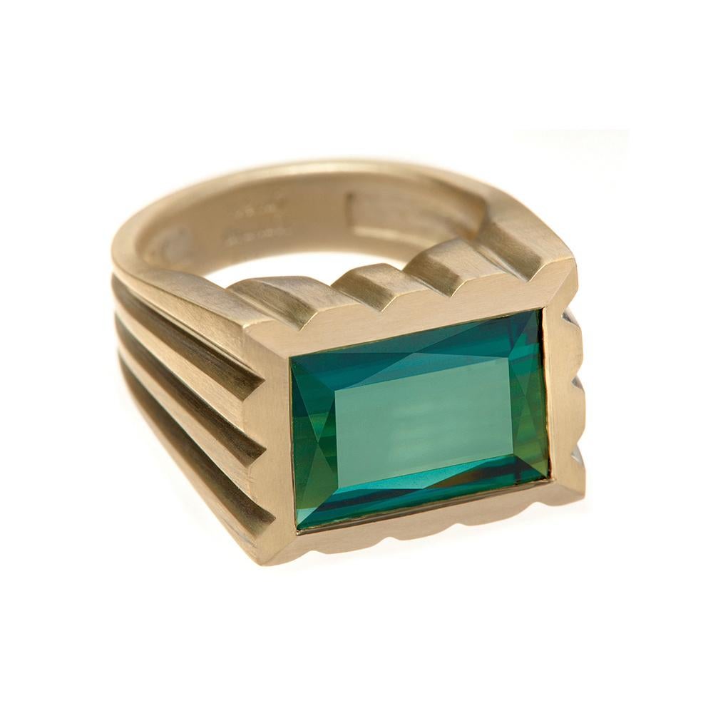 Wendy Brandes Signet Style Unisex Green Tourmaline and Gold Ring