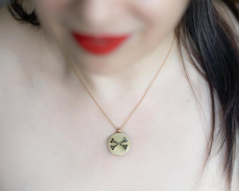 Round Cut Wendy Brandes Memento Mori Skull 18K Gold Locket Necklace With Black Diamonds For Sale