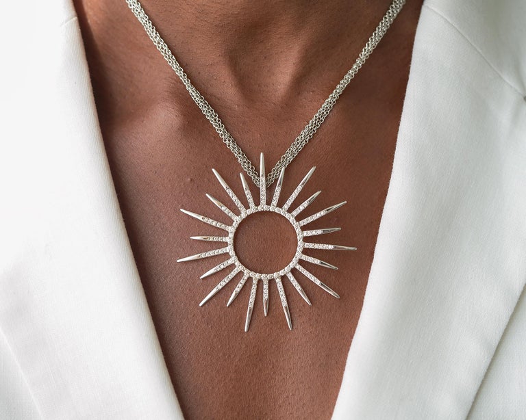 Contemporary Wendy Brandes Diamond and 18K White Gold Sunburst Necklace - Ukraine Donation For Sale