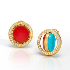 Wendy Brandes Pendientes Flip de Turquesa, Cornalina y Diamante en Oro Amarillo de 18 K