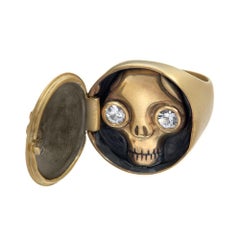 Wendy Brandes 18K Gold, Diamond, Sapphire Locket Ring With Skull Hidden Inside