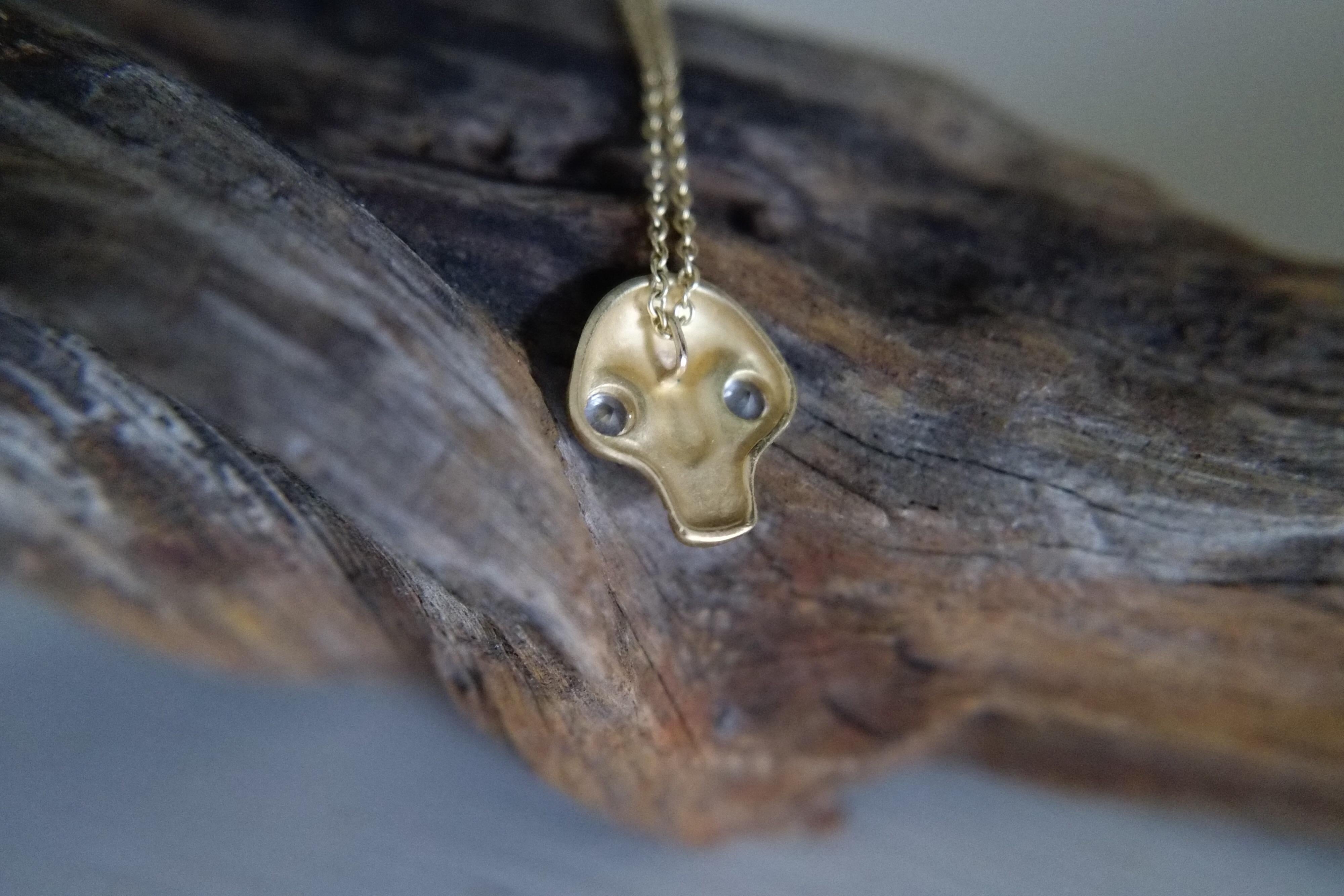 Contemporary Wendy Brandes White Sapphire Eyes Memento Mori Skull Gold Pendant Necklace