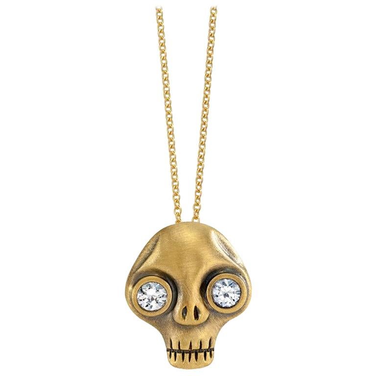 Wendy Brandes White Sapphire Eyes Memento Mori Skull Gold Pendant Necklace
