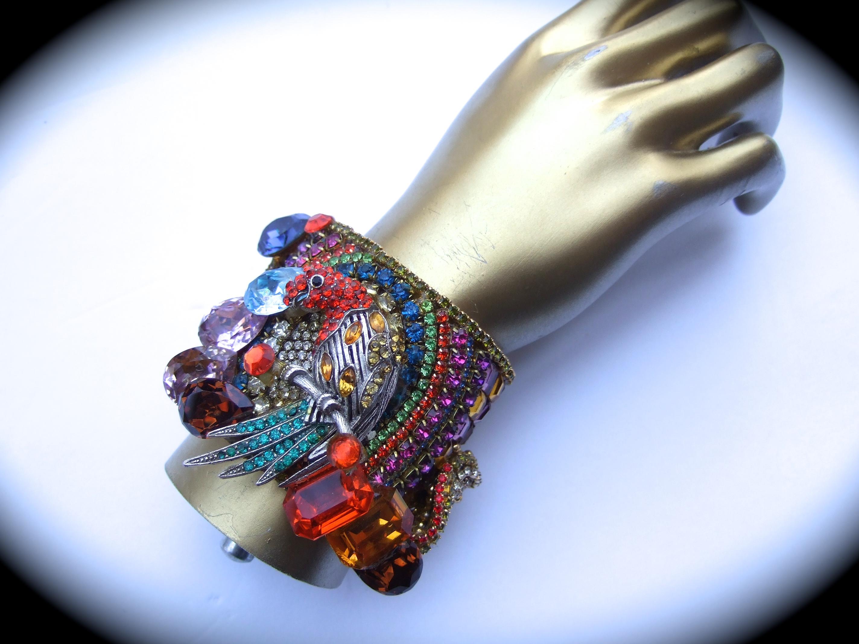 Wendy Gell Massive Crystal Encrusted Parrot Design Artisan Cuff Bracelet c 1980s In Good Condition In University City, MO