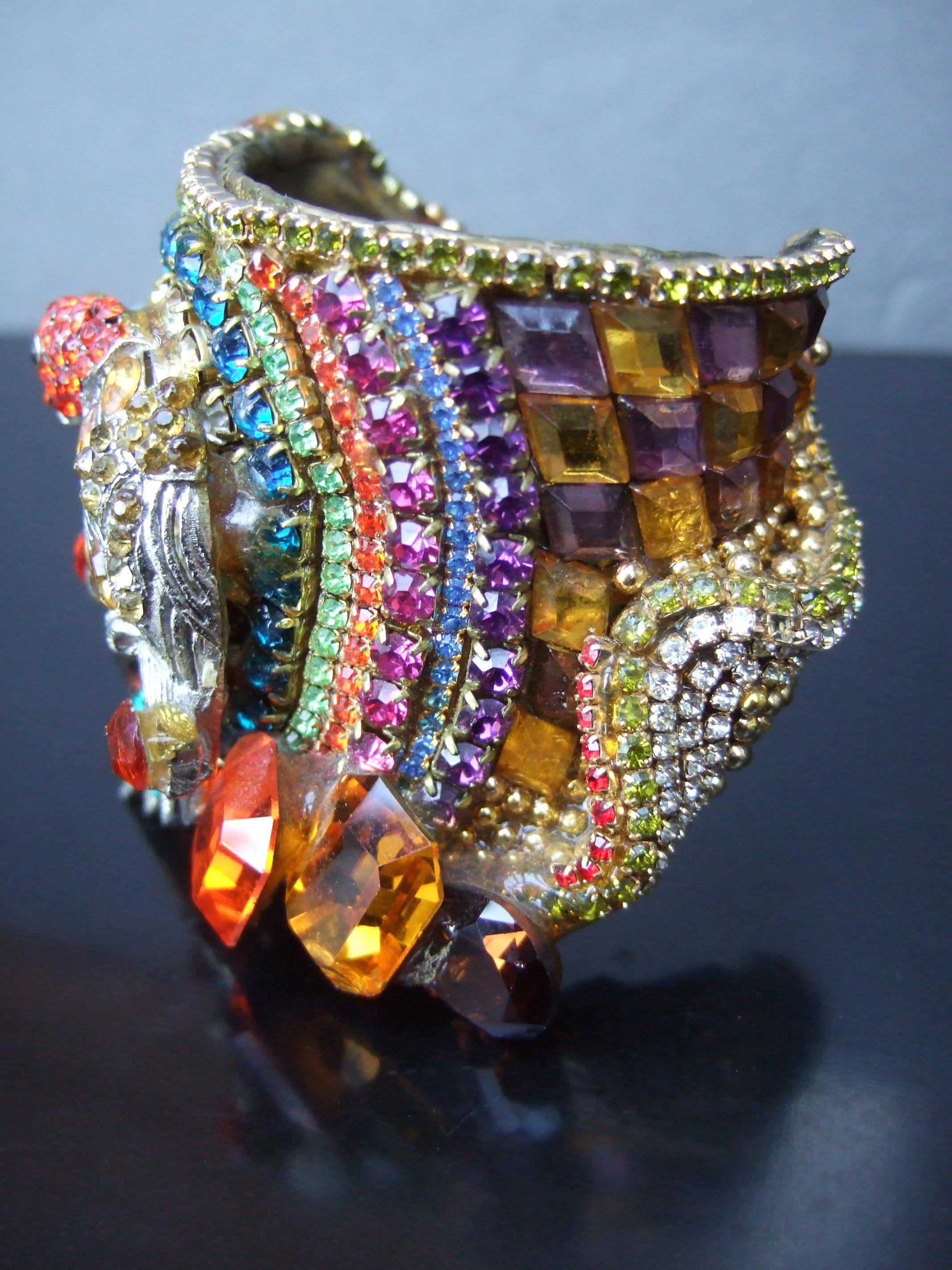 Wendy Gell Massive Crystal Encrusted Parrot Design Artisan Cuff Bracelet c 1980s 2