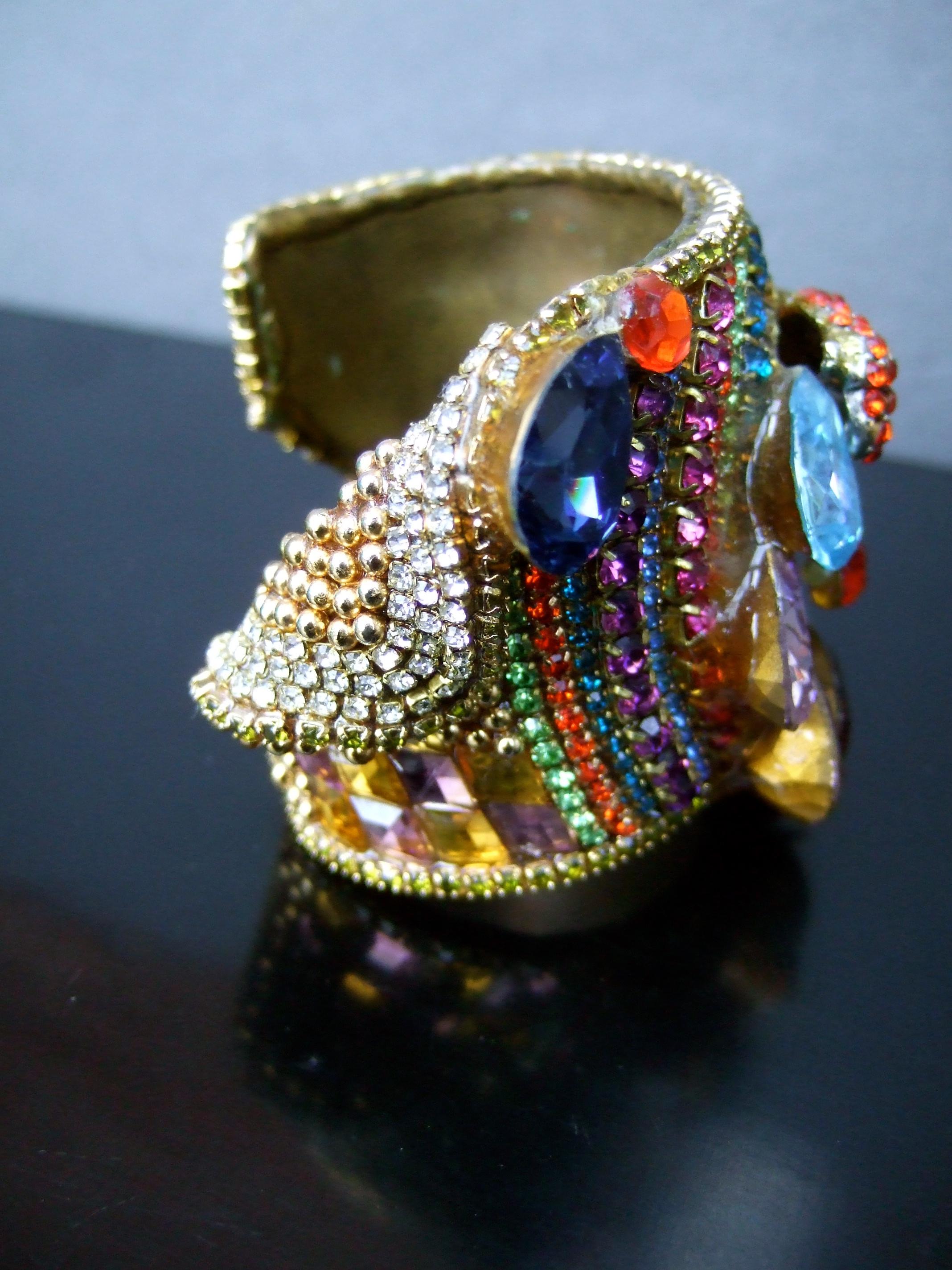 Wendy Gell Massive Crystal Encrusted Parrot Design Artisan Cuff Bracelet c 1980s 4