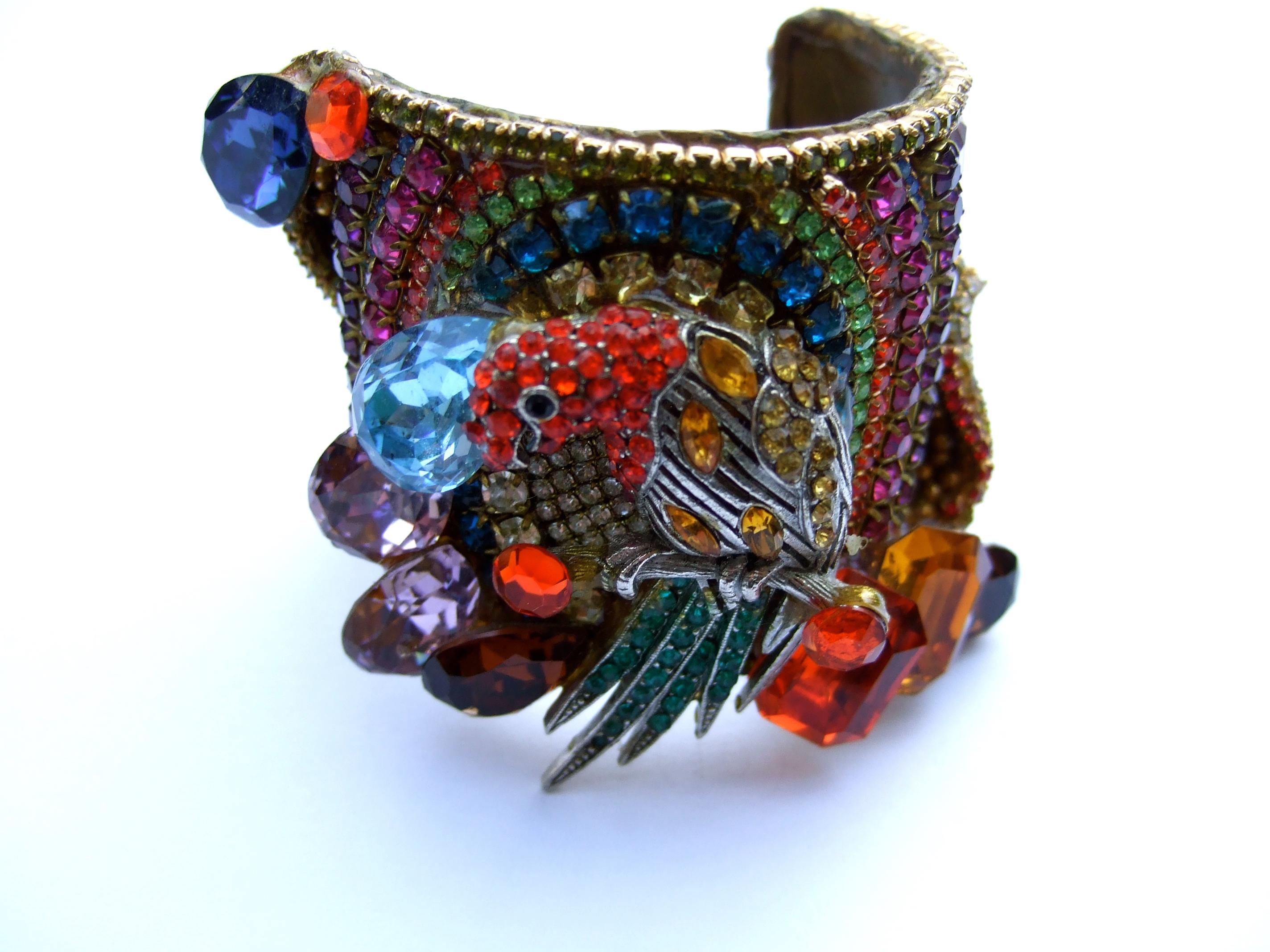 Wendy Gell Massive Crystal Encrusted Parrot Design Artisan Cuff Bracelet c 1980s 9