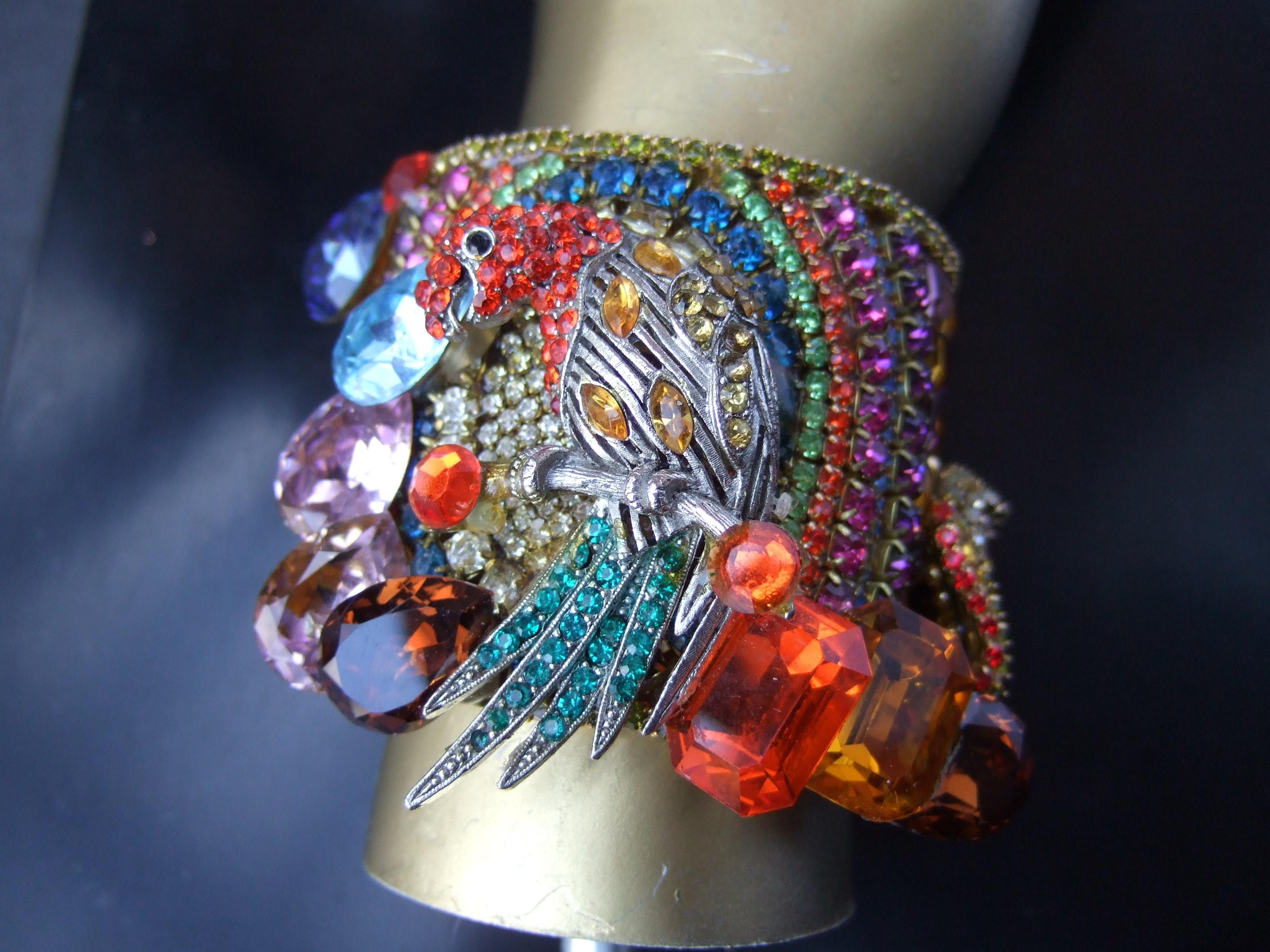 Wendy Gell Massive Crystal Encrusted Parrot Design Artisan Cuff Bracelet c 1980s 3