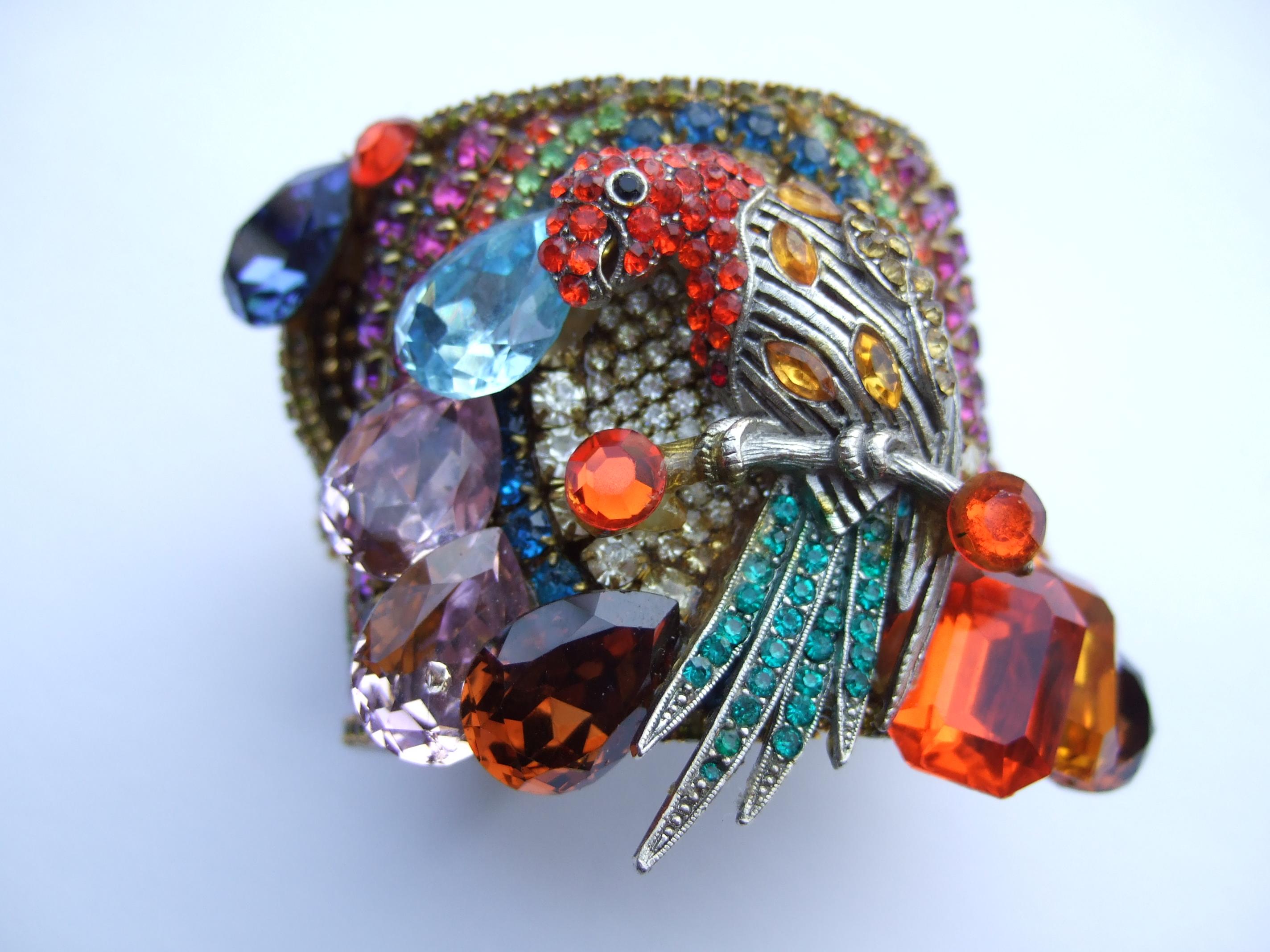 Wendy Gell Massive Crystal Encrusted Parrot Design Artisan Cuff Bracelet c 1980s 5