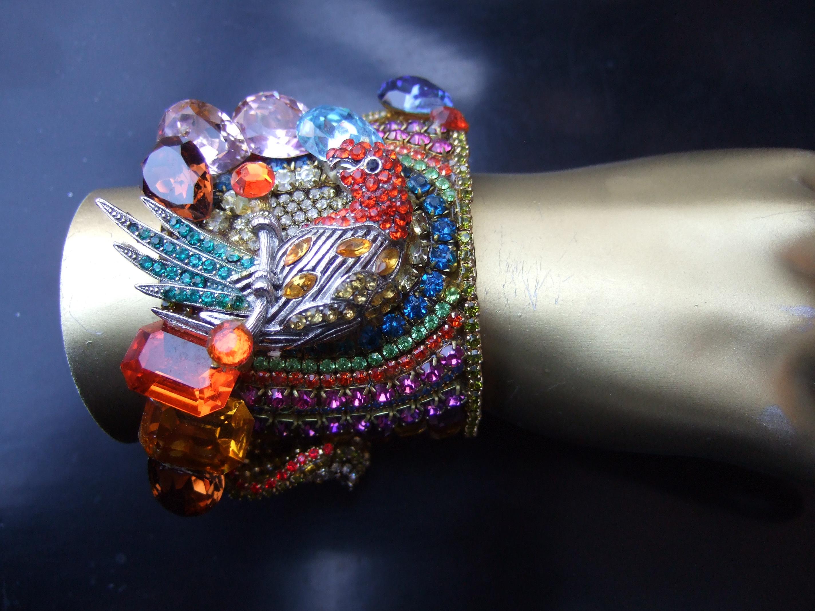 Wendy Gell Massive Crystal Encrusted Parrot Design Artisan Cuff Bracelet c 1980s 7