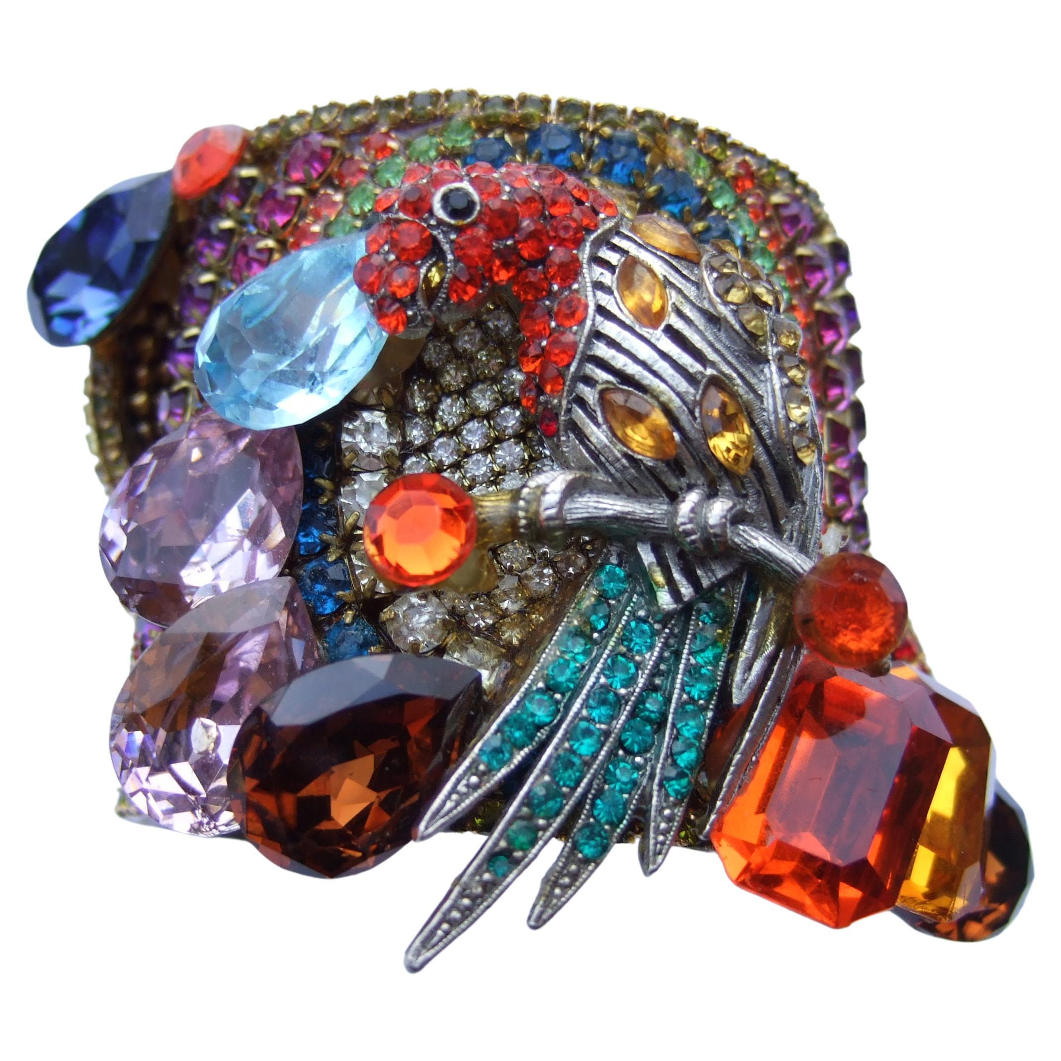 Wendy Gell Massive Crystal Encrusted Parrot Design Artisan Cuff Bracelet c 1980s