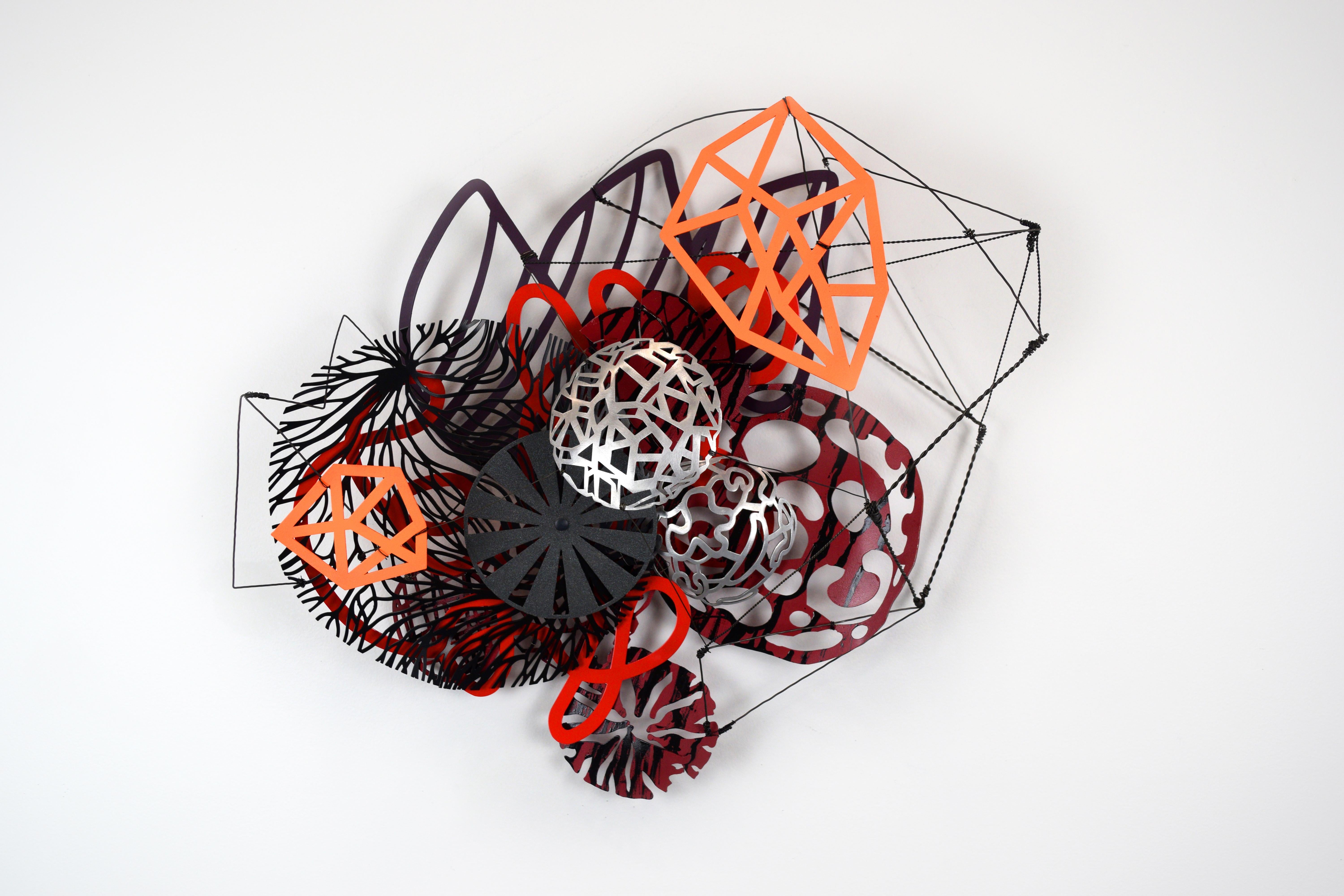 Wendy Letven Abstract Sculpture - "Outer Orbit" Abstract Wall Sculpture Painted Aluminum, Rust/Black/Silver/Orange