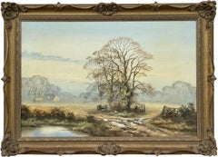 Peinture à l'huile d'un chariot de campagne anglais dans la campagne par un artiste britannique du 20e siècle