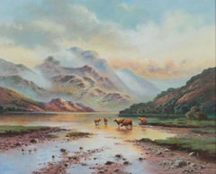 Peinture à l'huile du 20e siècle d'artiste britannique représentant des vaches Highland en Écosse Loch