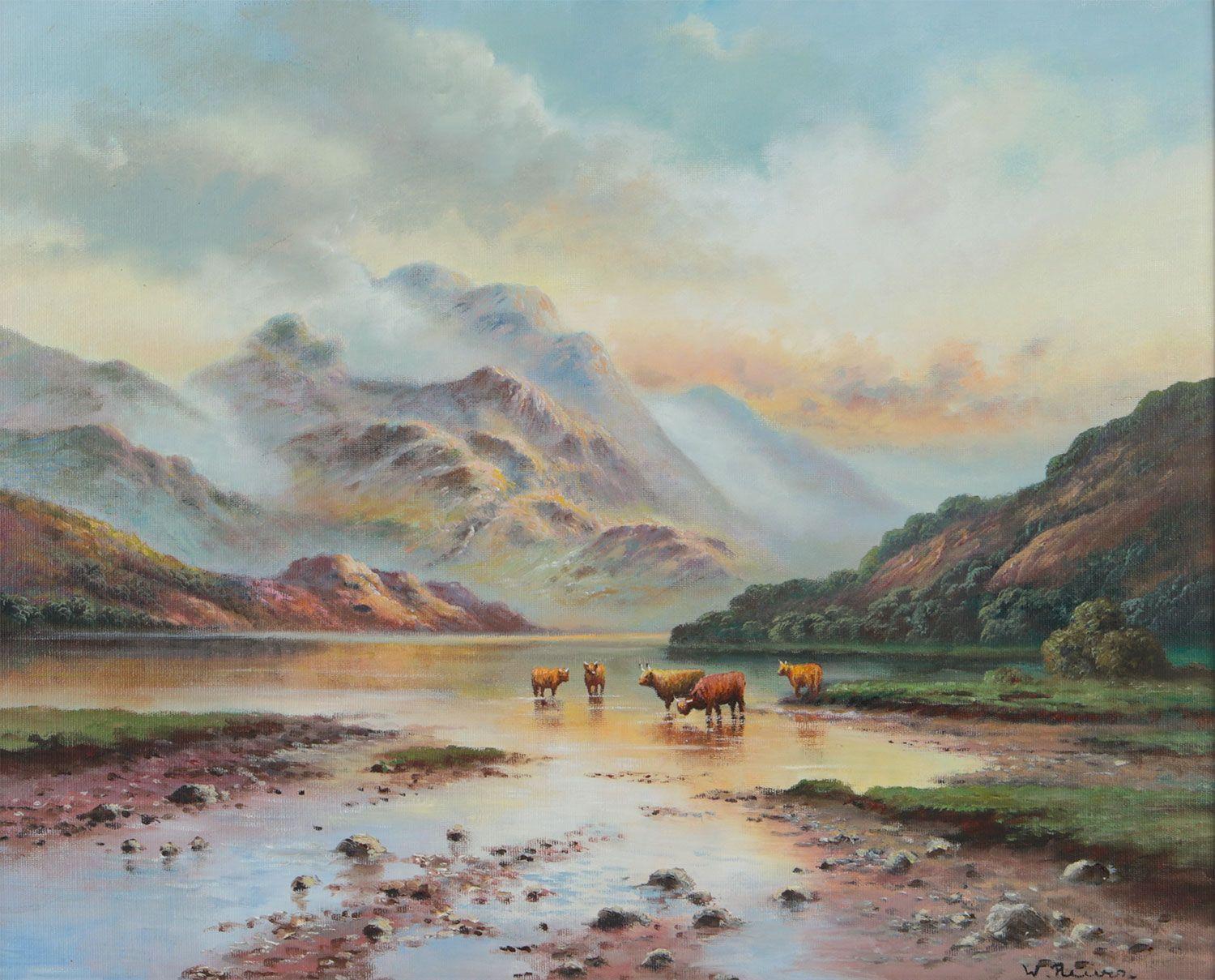 Pintura al óleo de vacas de las Tierras Altas en un lago de Escocia por un artista británico del siglo XX - Landscape Painting Marrón de Wendy Reeves
