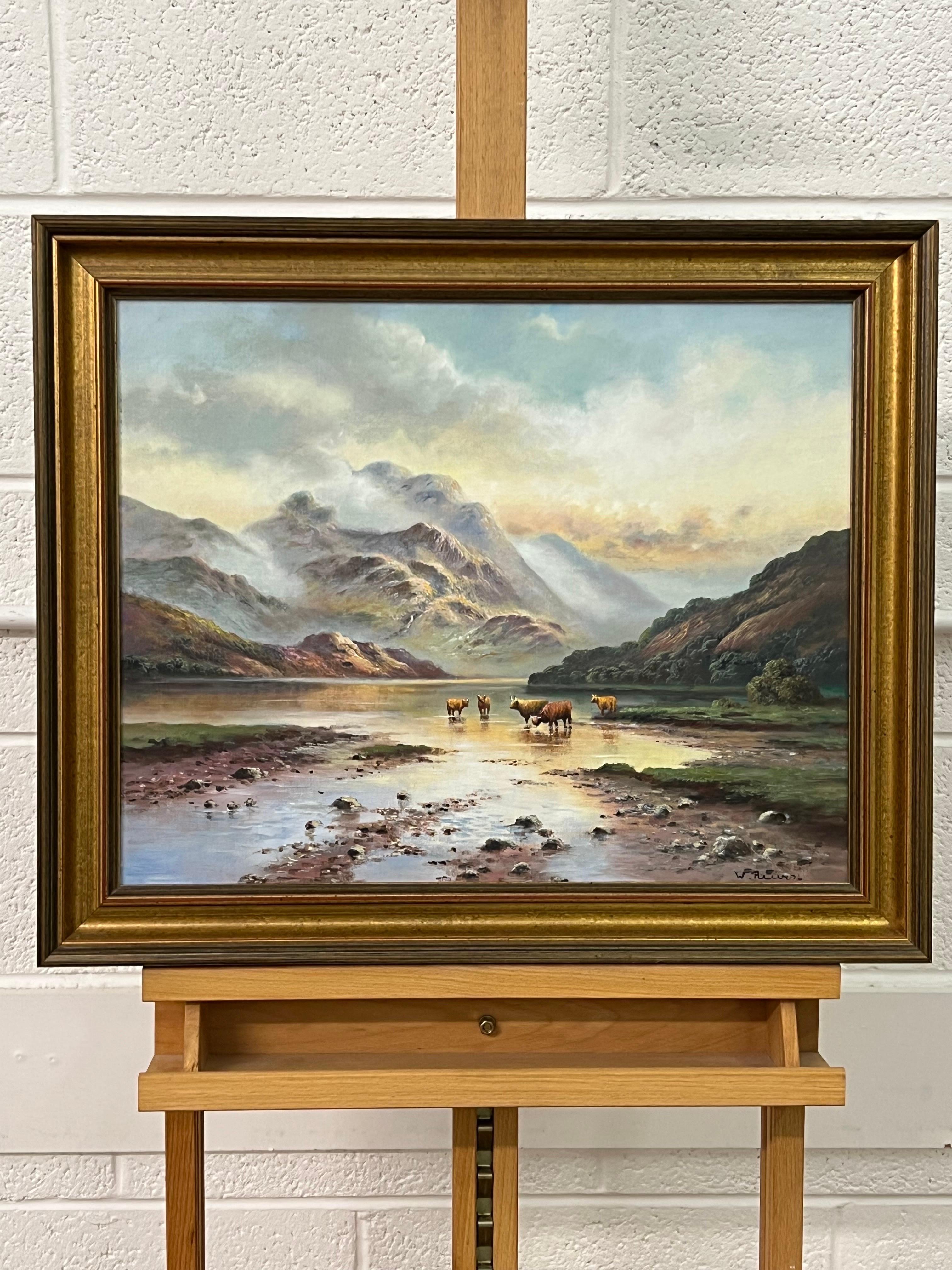 Oil Painting of Highland Cows in Scotland Loch by 20th Century British Artist For Sale 3