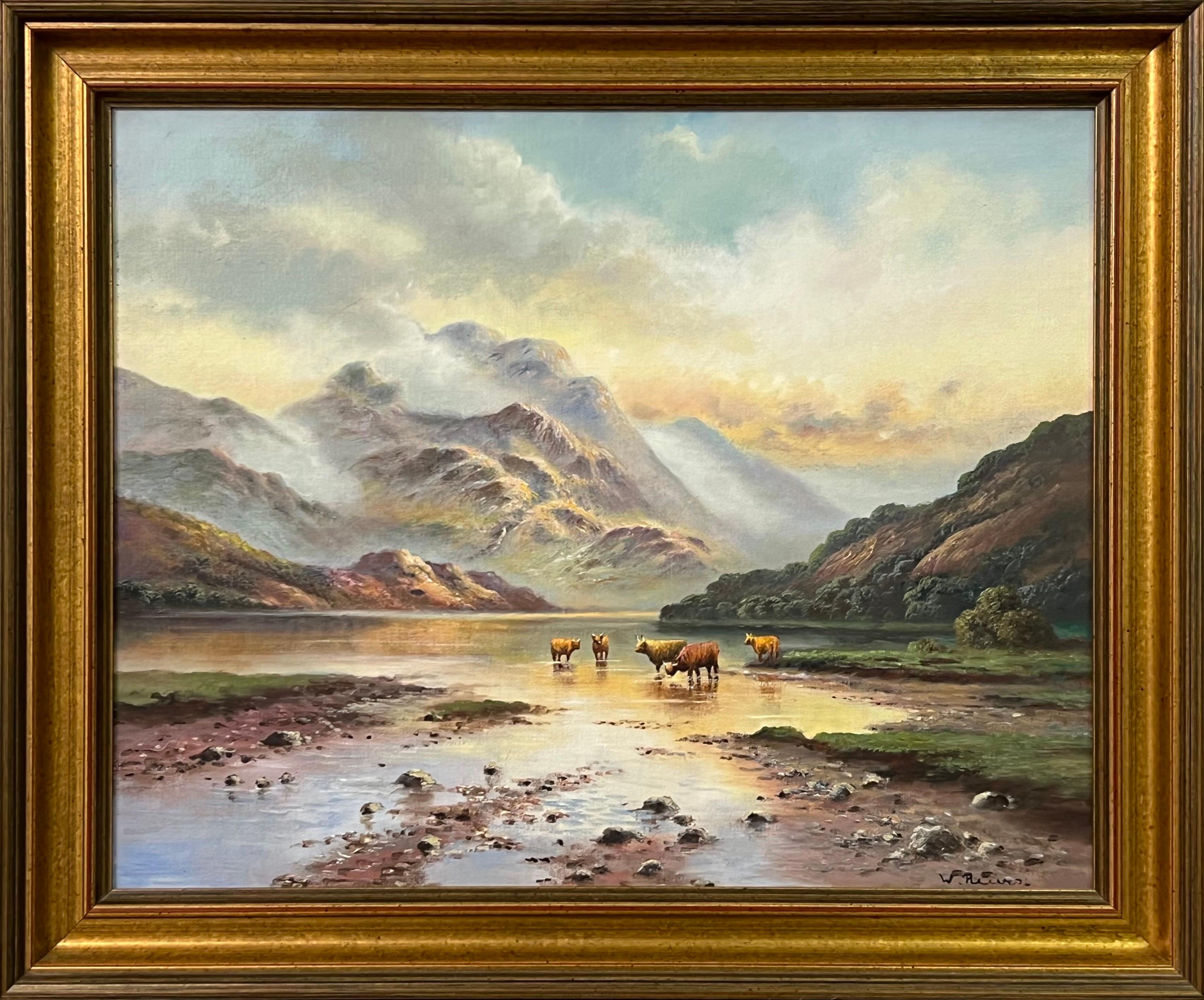 Peinture à l'huile du 20e siècle d'artiste britannique représentant des vaches Highland en Écosse Loch