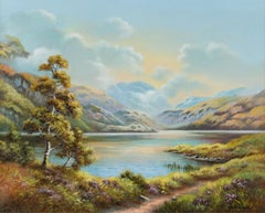Peinture à l'huile du 20e siècle, représentant un Loch dans les Highlands écossais