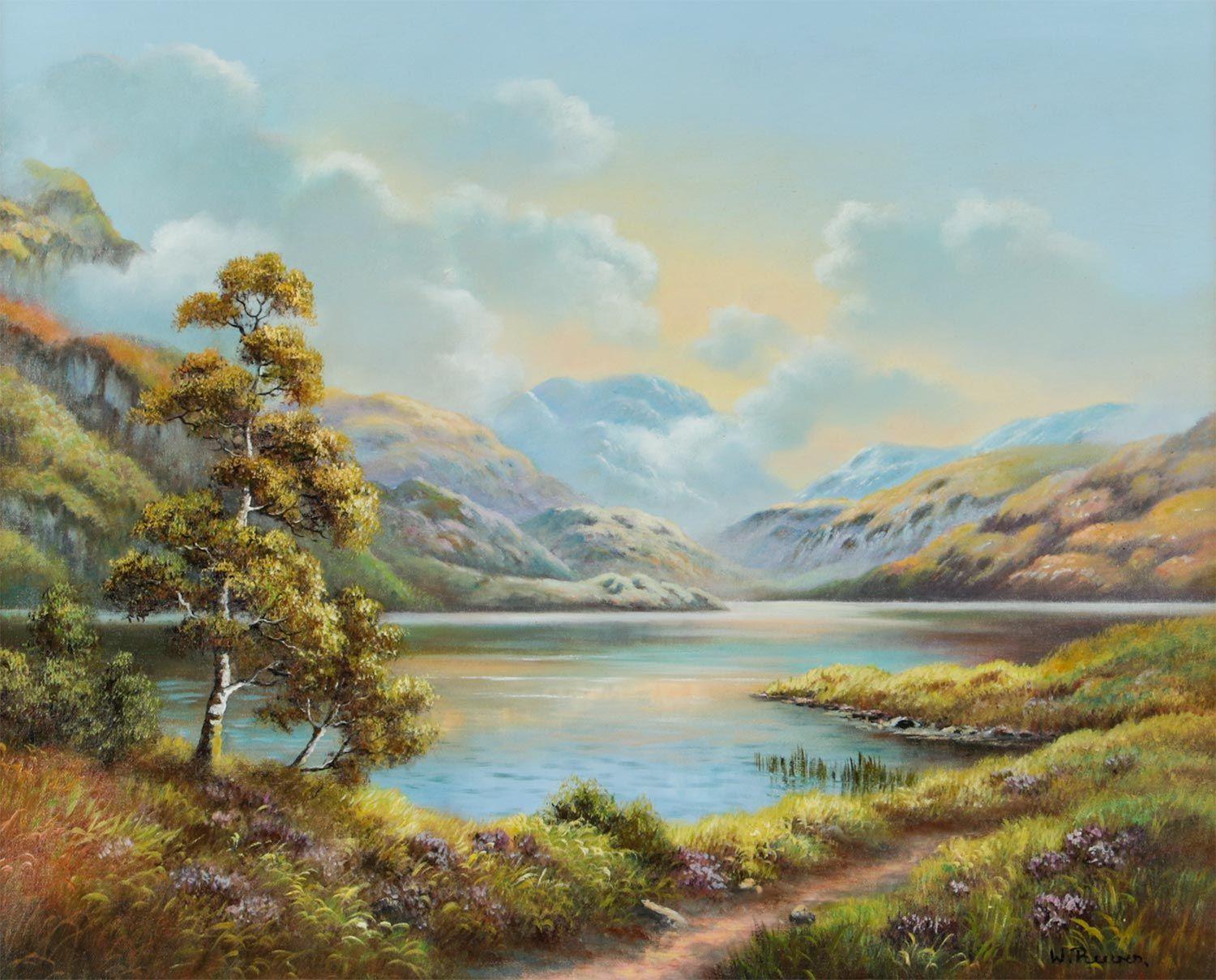 Oil Painting of Loch in the Scottish Highlands by 20th Century British Artist Wendy Reeves. 

Art measures 20 x 16 inches
Frame measures 29 x 25 inches (frame commensurate with age) 

Wendy Reeves garnered acclaim for her Scottish Highland and