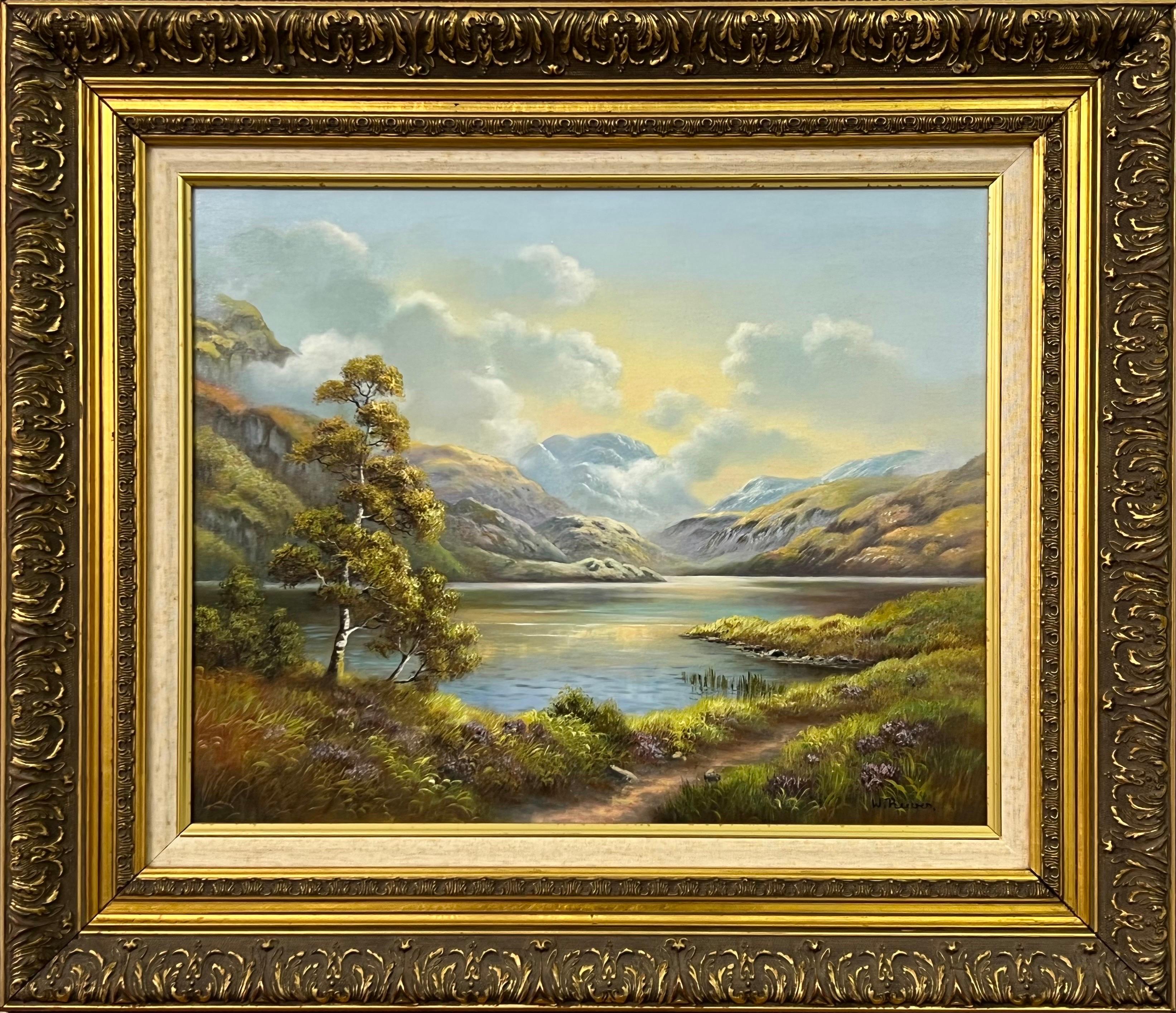 Peinture à l'huile du 20e siècle, représentant un Loch dans les Highlands écossais