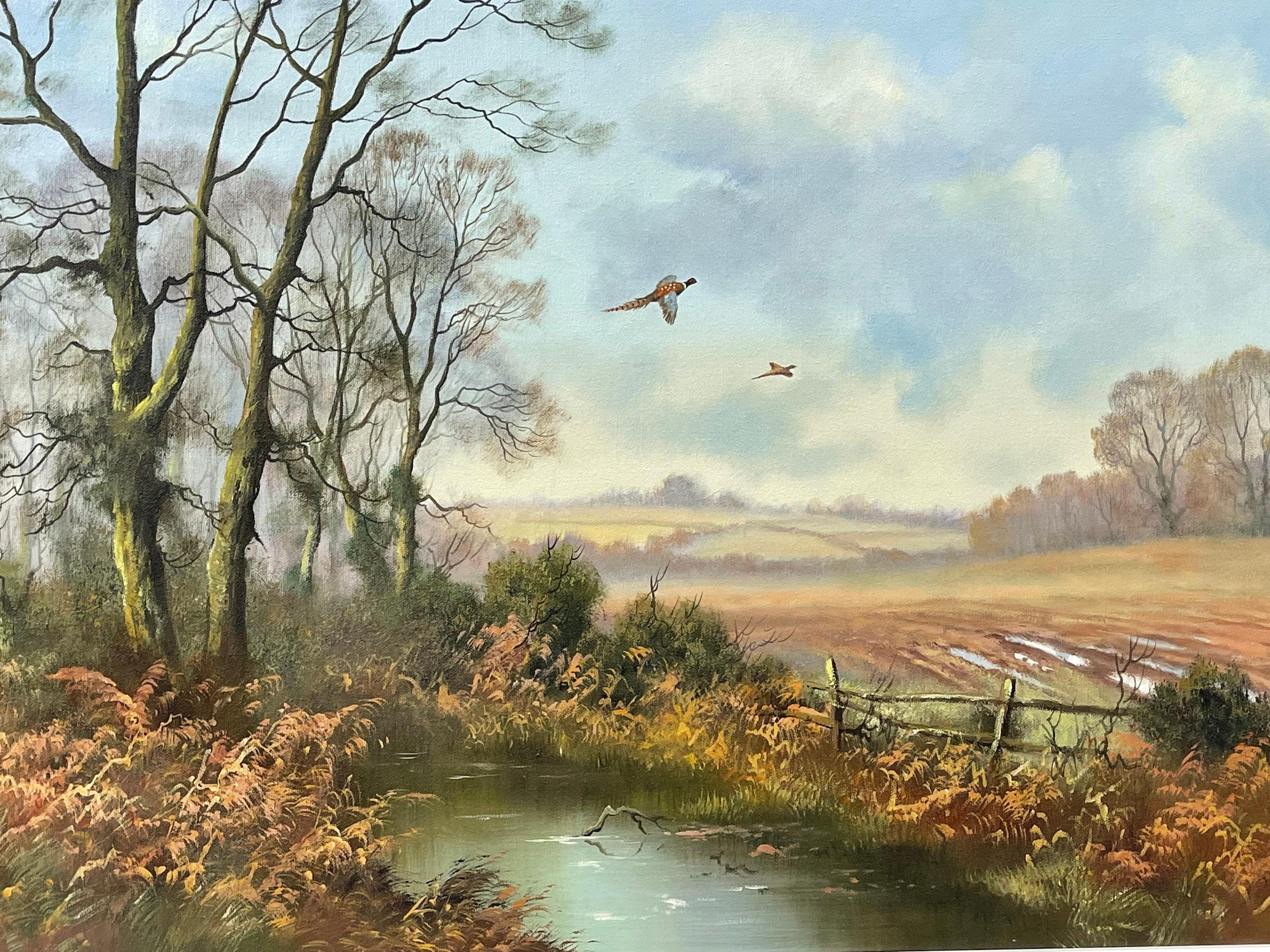 Oil Painting of Pheasants in English Countryside by 20th Century British Artist - Gray Landscape Painting by Wendy Reeves
