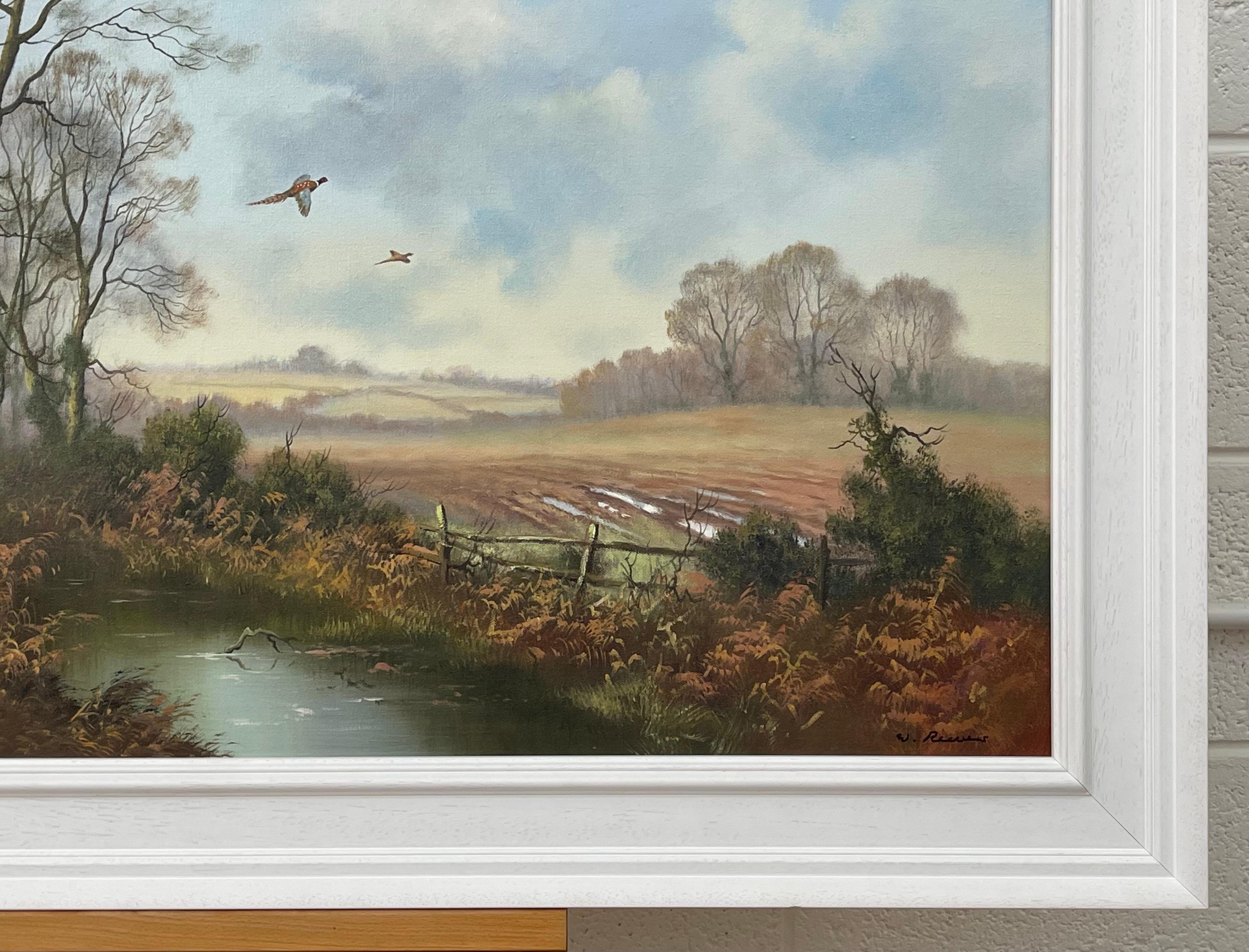 Oil Painting of Pheasants Flying Over a River in the English Countryside by 20th Century British Artist Wendy Reeves

Art measures 40 x 20 inches
Frame measures 46 x 26 inches (framed in a high quality modern white moulding) 

Wendy Reeves garnered