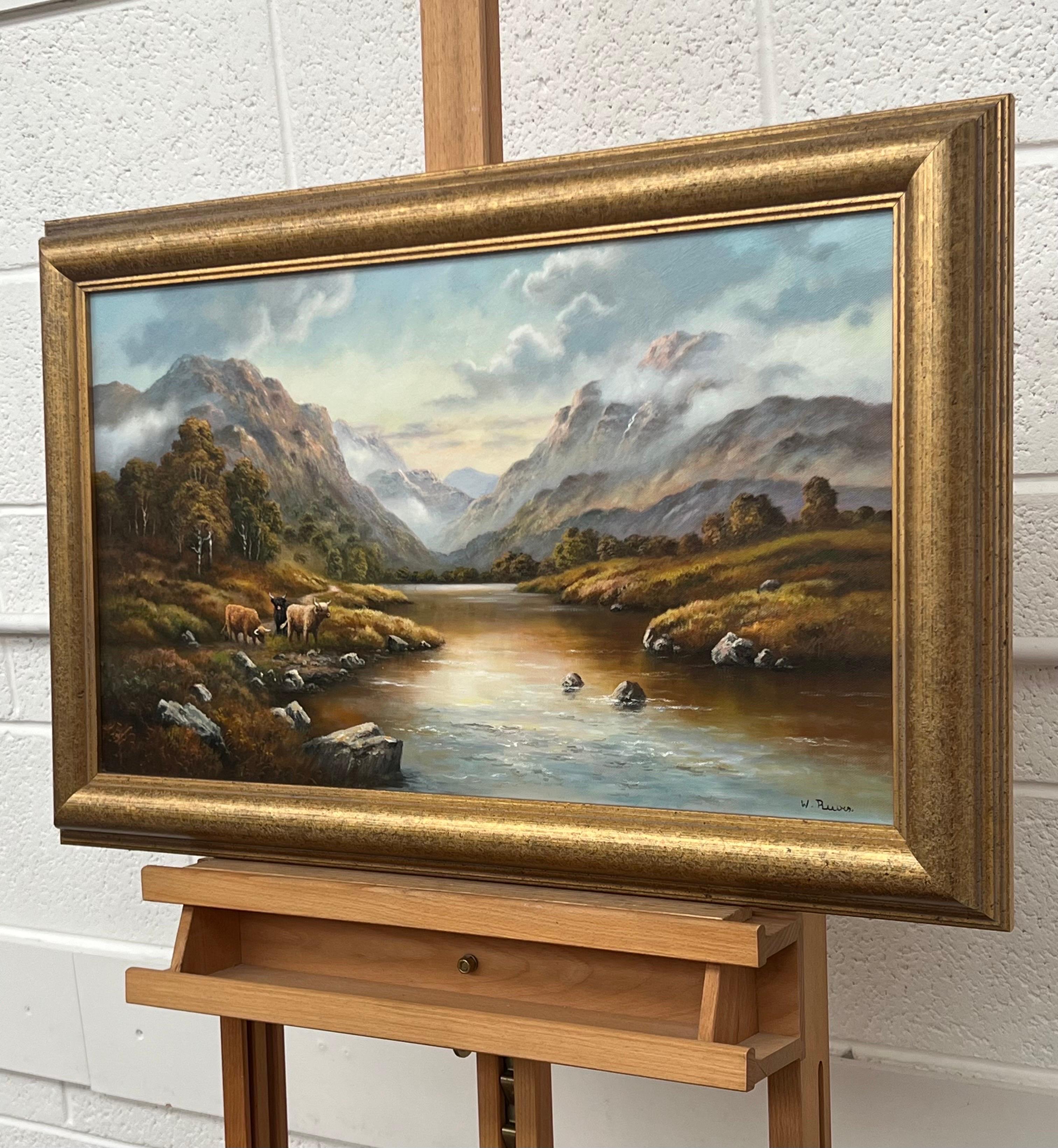 Paysage fluvial avec vaches et moutons des Highlands dans les montagnes écossaises par l'artiste britannique du XXe siècle, Wendy Reeves. Original, huile sur toile, signé

L'œuvre d'art mesure 24 x 14 pouces
Le cadre mesure 30 x 20 pouces

Cette