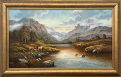 River Landscape with Highland Cows & Sheep in the Scottish Mountains