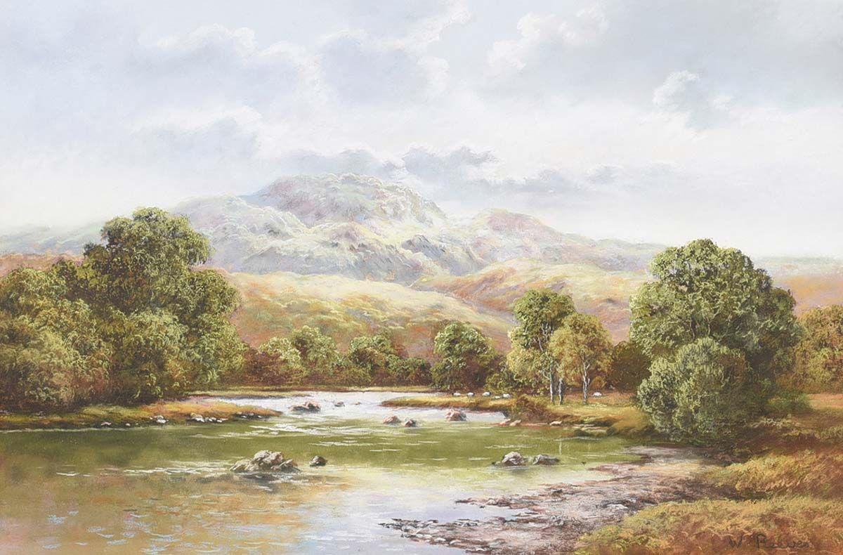 Pastel d'une montagne fluviale dans la campagne anglaise par un artiste britannique du 20e siècle - Beige Landscape Painting par Wendy Reeves