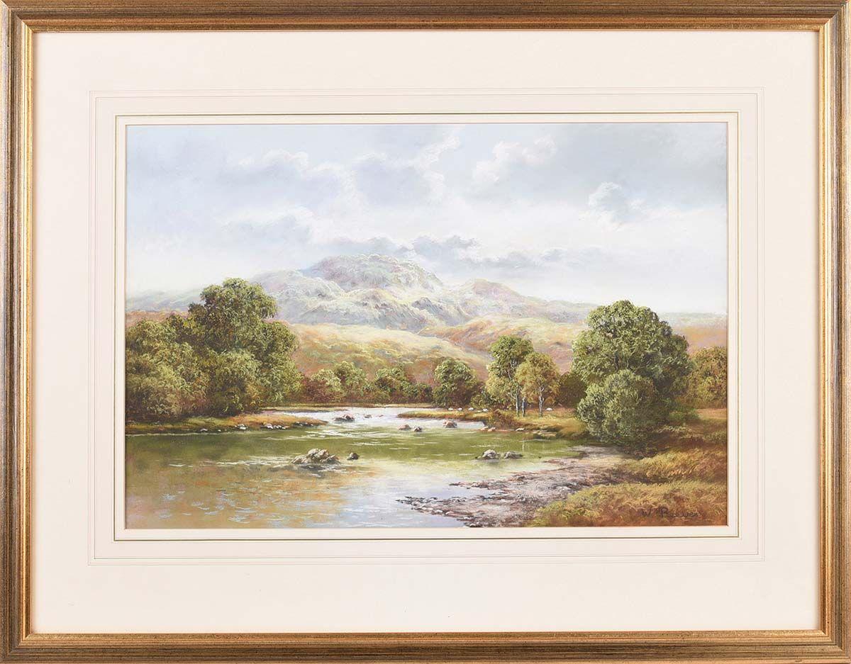 Pastell des Flusses in englischer Landschaft von britischem Künstler des 20. Jahrhunderts