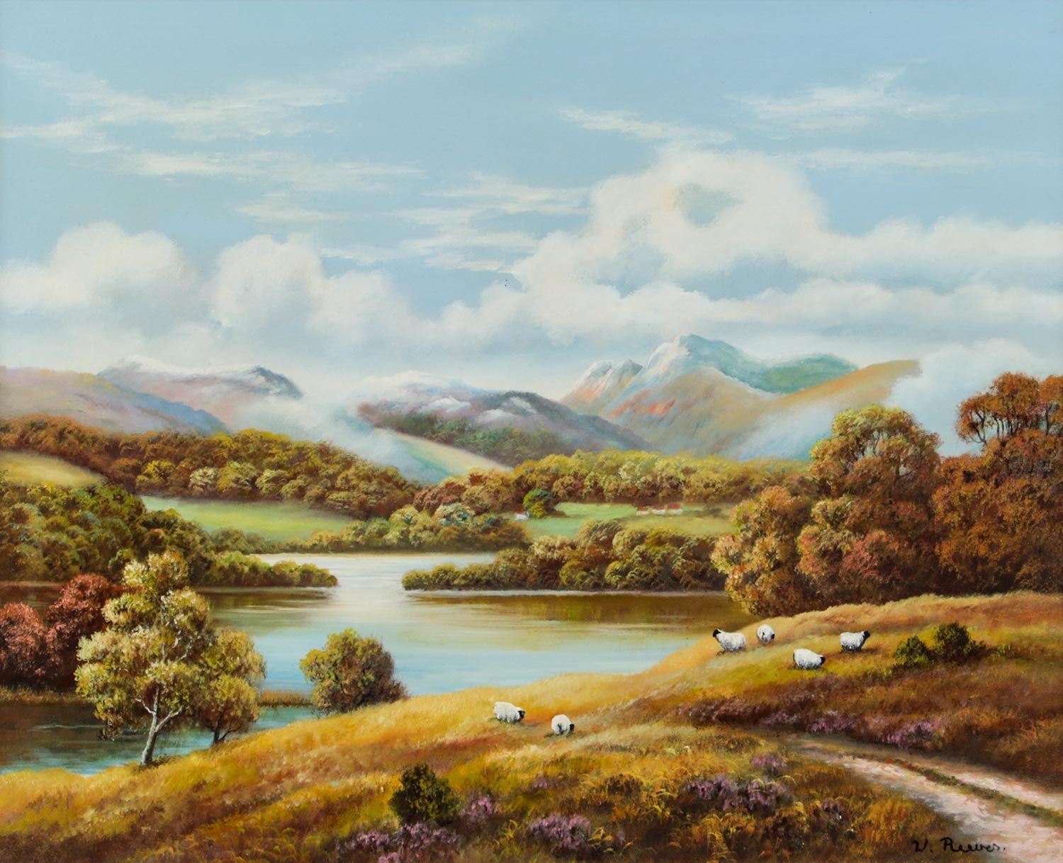 Sheep beside a Loch in the Scottish Highlands by 20th Century British Artist - Painting by Wendy Reeves