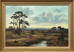 Paysage de moutons et d'arbres dans la campagne anglaise par un artiste britannique du 20e siècle
