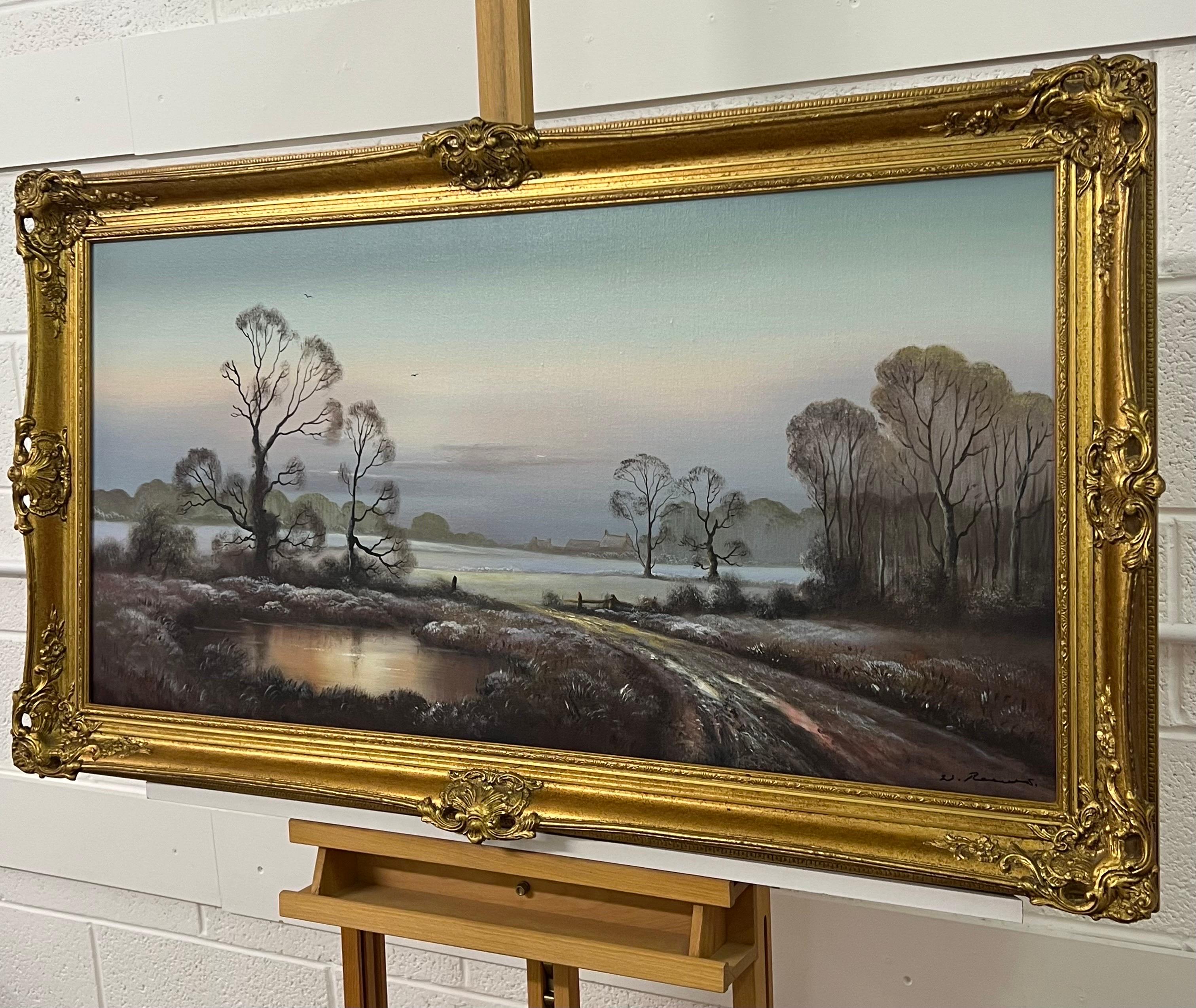 Winter Mist at a Farm in the English Countryside by 20th Century British Artist, Wendy Reeves

Art measures 40 x 20 inches
Frame measures 46 x 26 inches (framed in a high quality ornate gold moulding) 

Wendy Reeves garnered acclaim for her Scottish