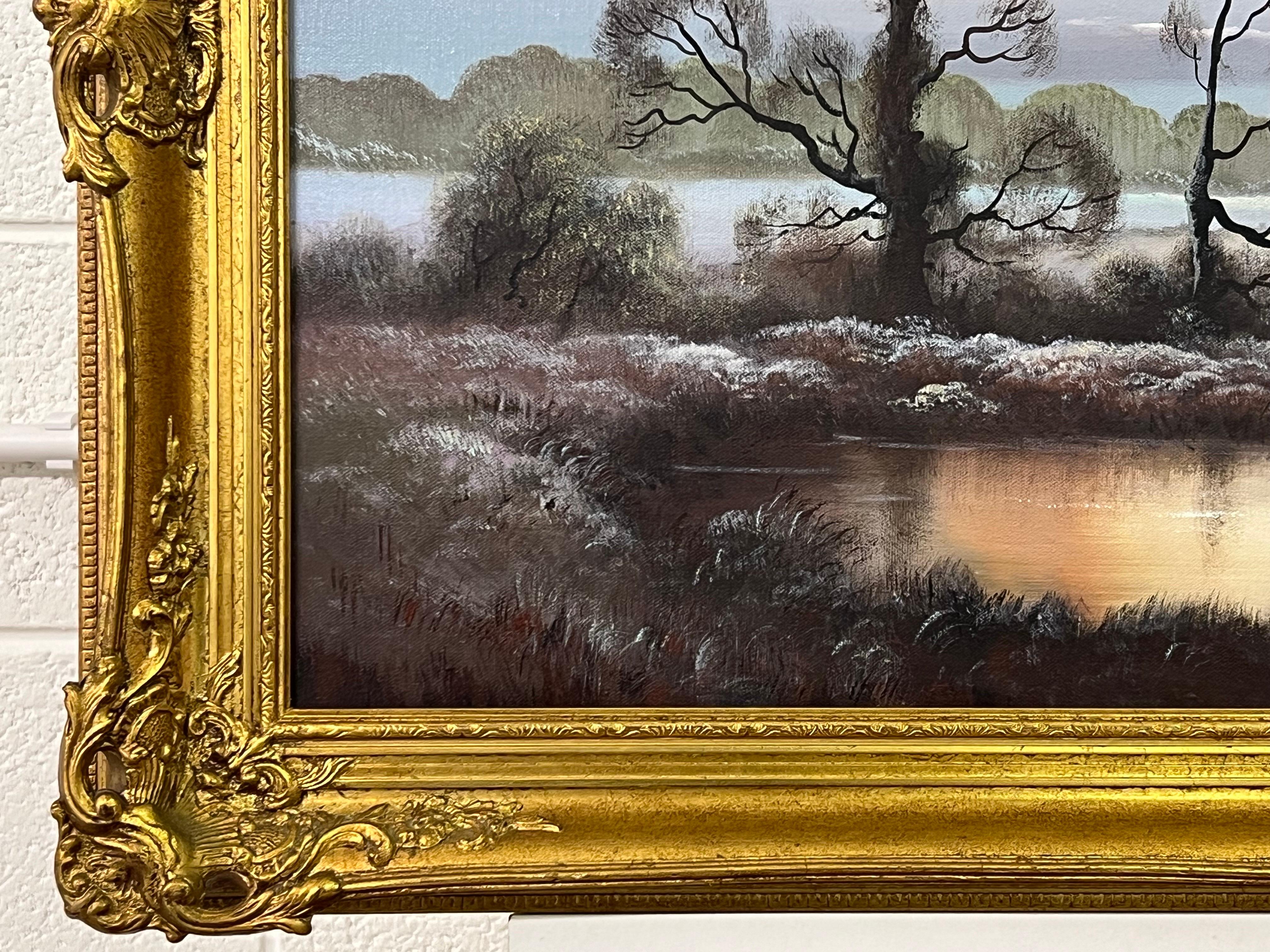 Winter Mist at a Farm in the English Countryside by 20th Century British Artist, Wendy Reeves

Art measures 40 x 20 inches
Frame measures 46 x 26 inches (framed in a high quality ornate gold moulding) 

Wendy Reeves garnered acclaim for her Scottish