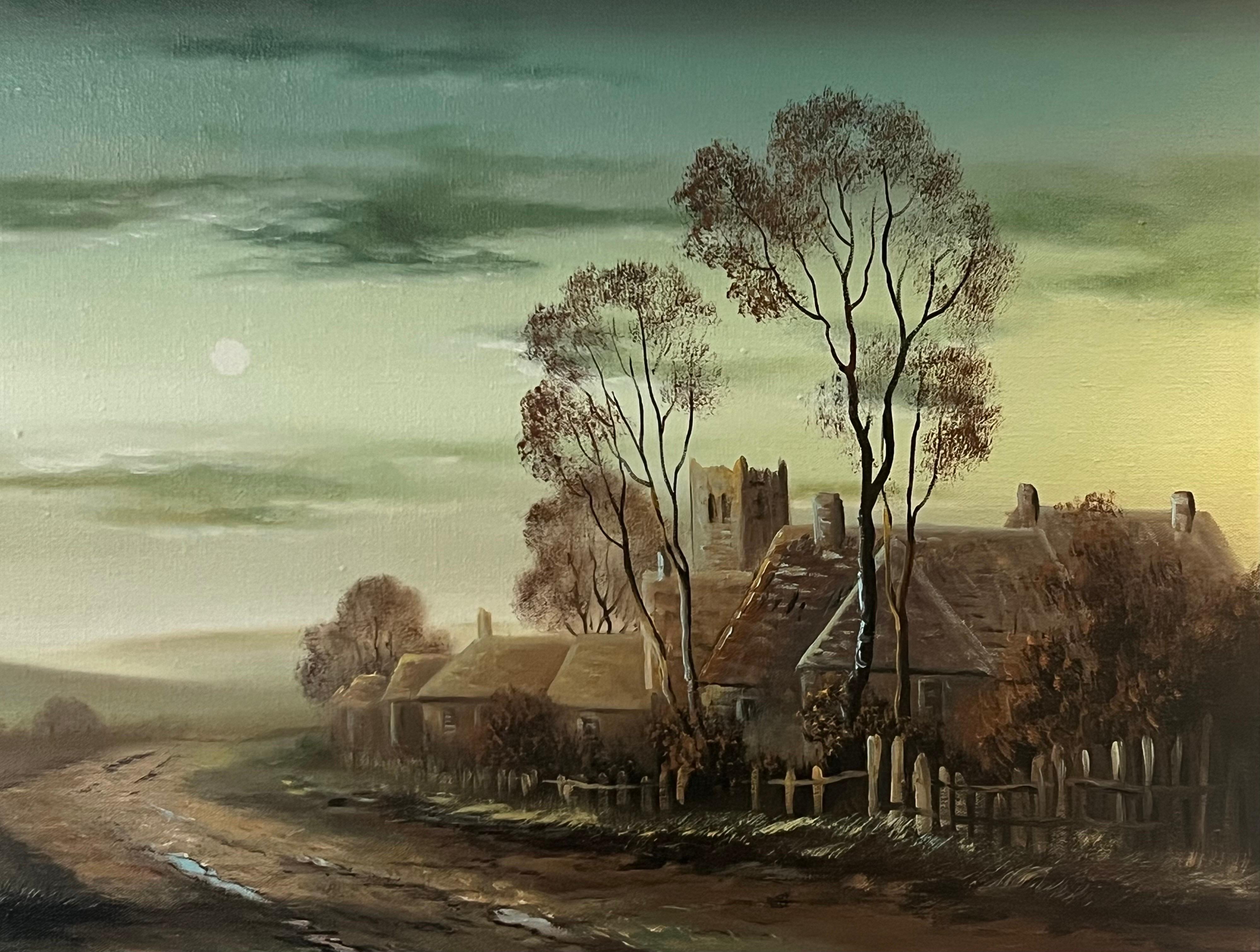 Arbres d'hiver dans un village de la campagne anglaise par un artiste britannique du 20e siècle en vente 7