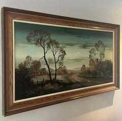 Arbres d'hiver dans un village de la campagne anglaise par un artiste britannique du 20e siècle