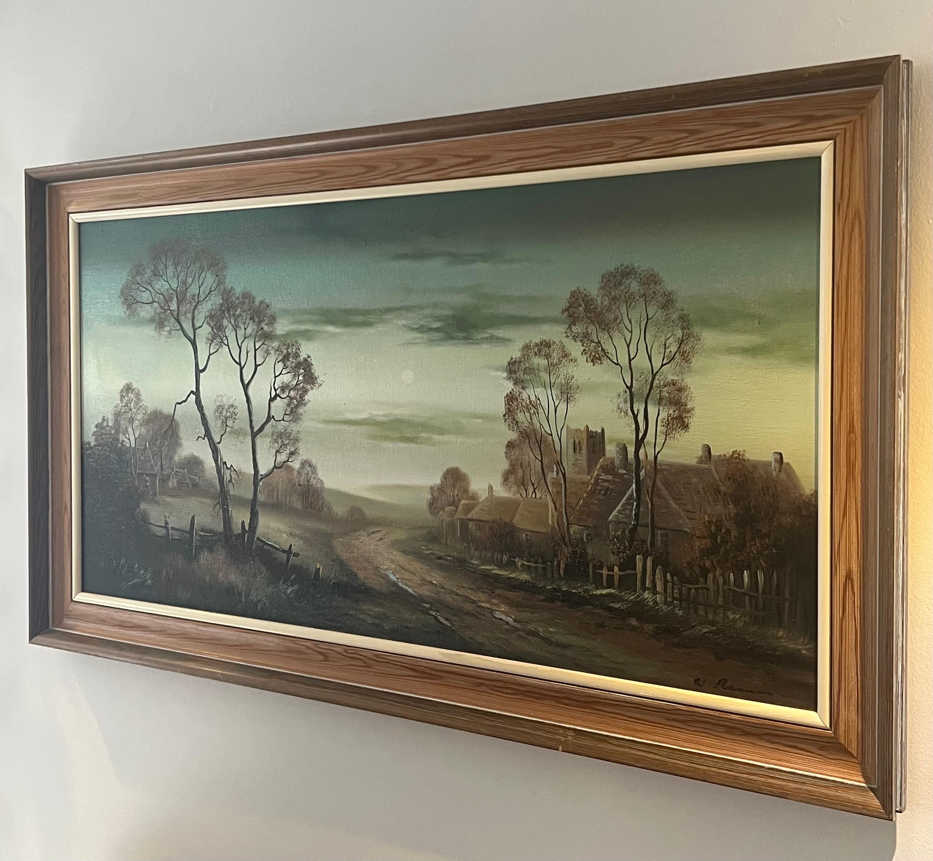 Winter Trees at Moonlight at a Village in the English Countryside by 20th Century British Artist, Wendy Reeves

Art measures 40 x 20 inches
Frame measures 46 x 26 inches (framed in a vintage natural oak moulding with cream insert) 

Wendy Reeves