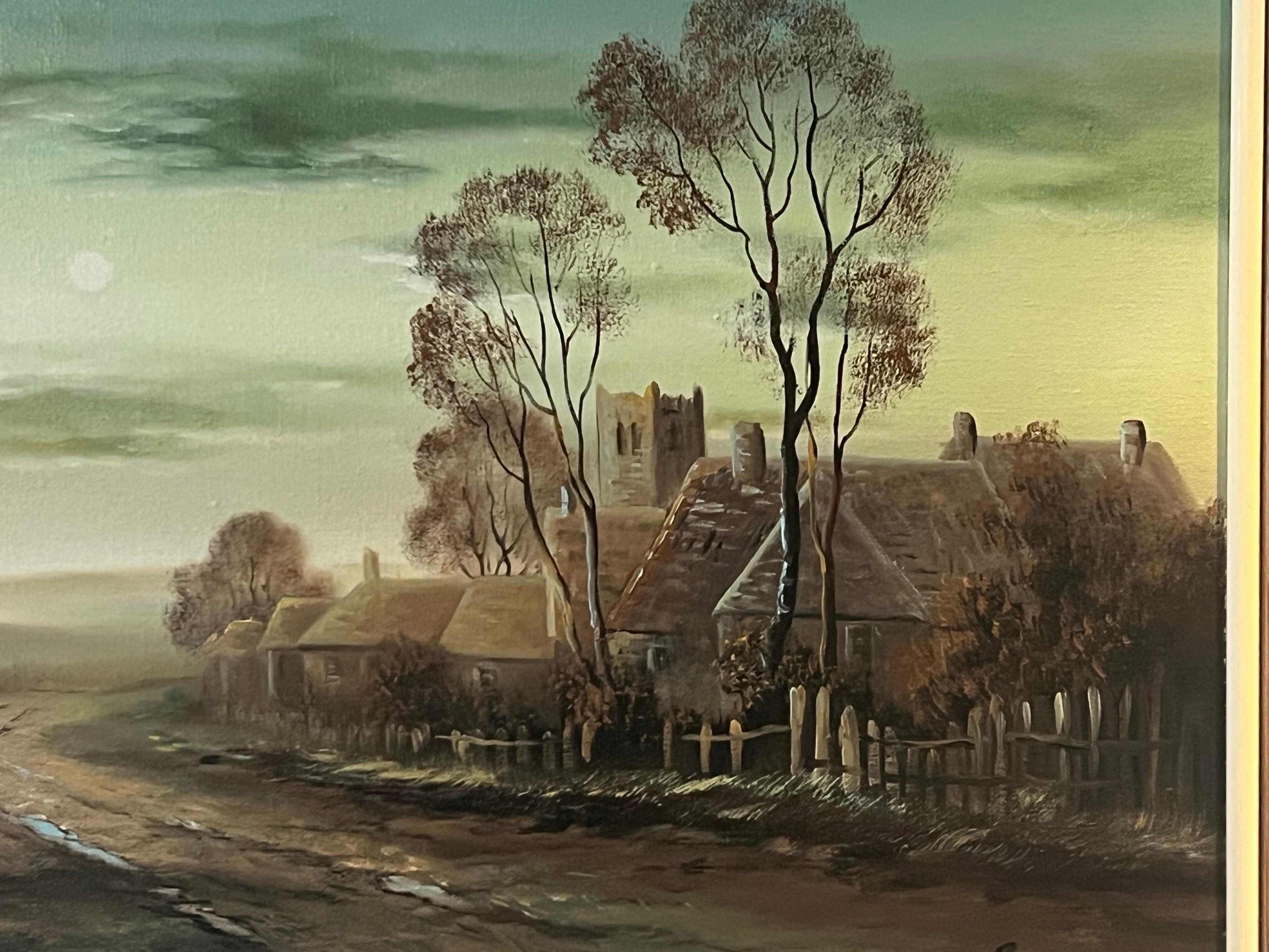 Arbres d'hiver dans un village de la campagne anglaise par un artiste britannique du 20e siècle en vente 4