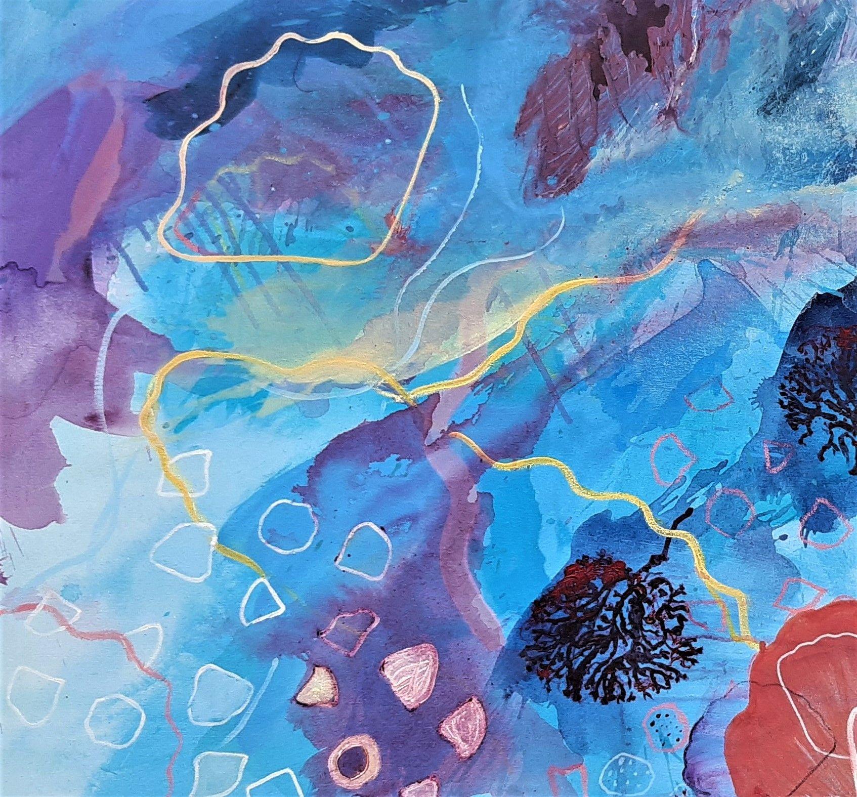 The painting 'Breakaway Blue', is part of the ongoing sea garden series. Inspiration is taken from rock pools and the movement of the water in between high and low tide. The energy and power of the water as it washes over the rocks into the pools.