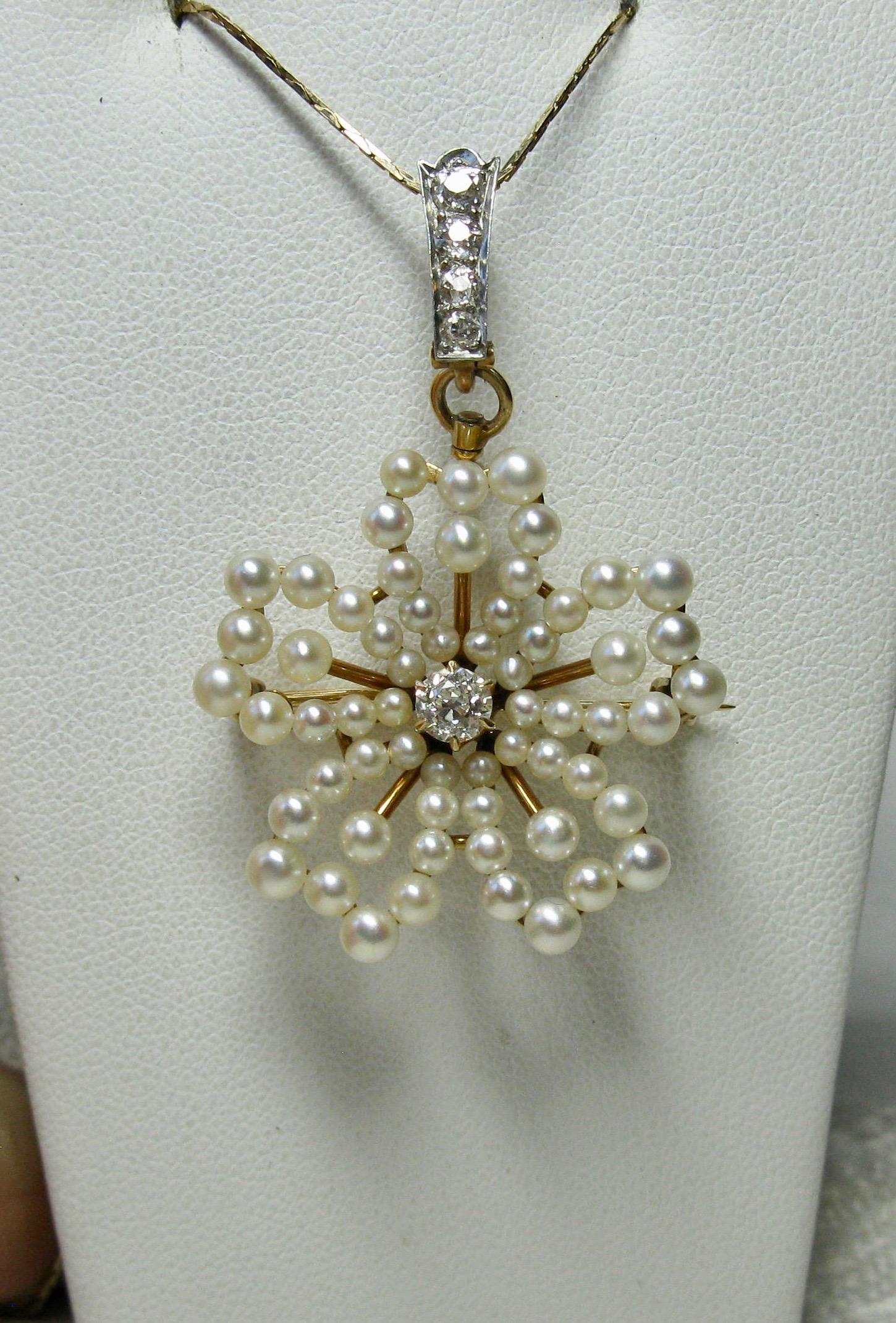 Belle Époque Wendy Vanderbilt 1/2 Carat Diamond Pearl Pendant Brooch Antique Victorian For Sale
