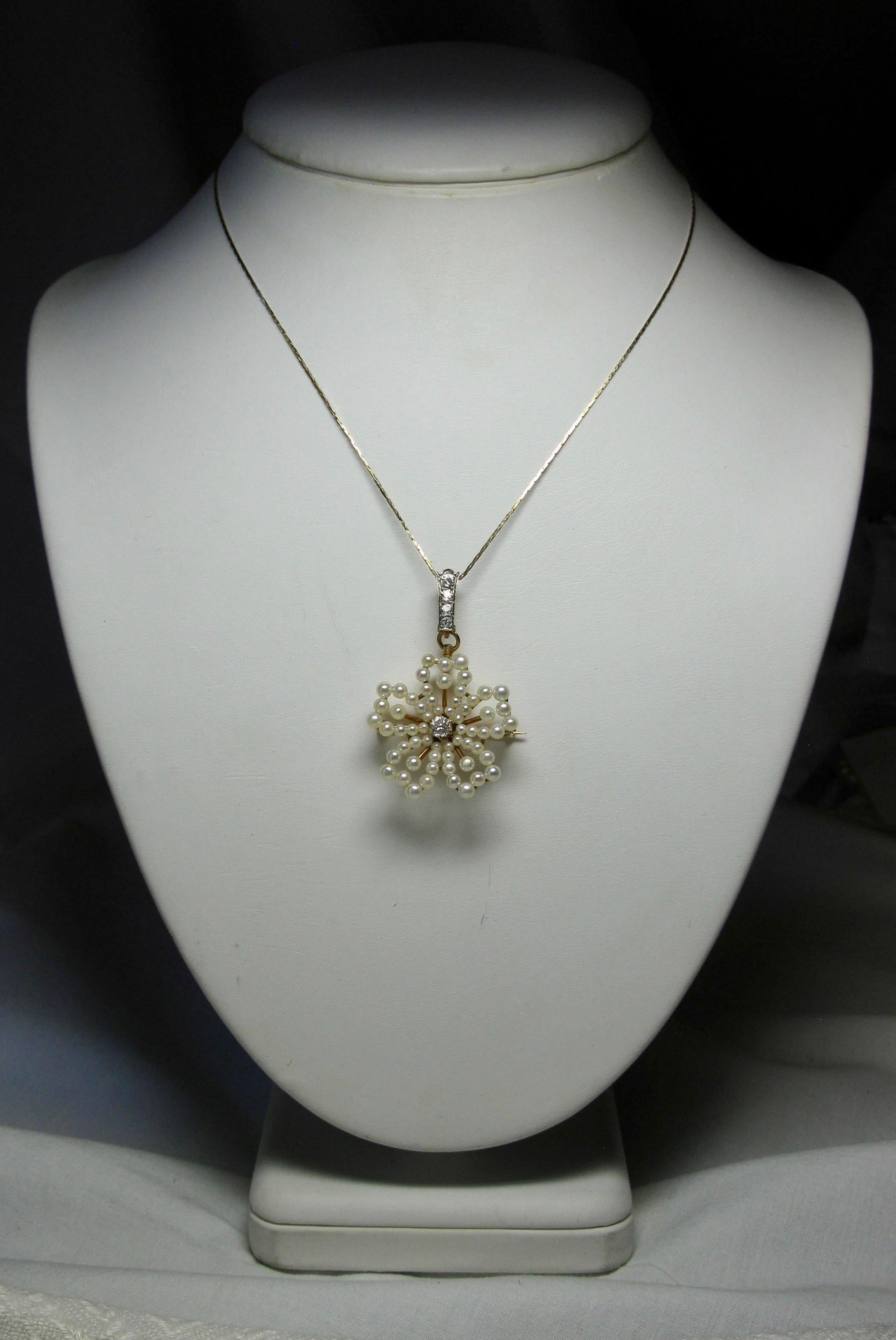Old Mine Cut Wendy Vanderbilt 1/2 Carat Diamond Pearl Pendant Brooch Antique Victorian For Sale