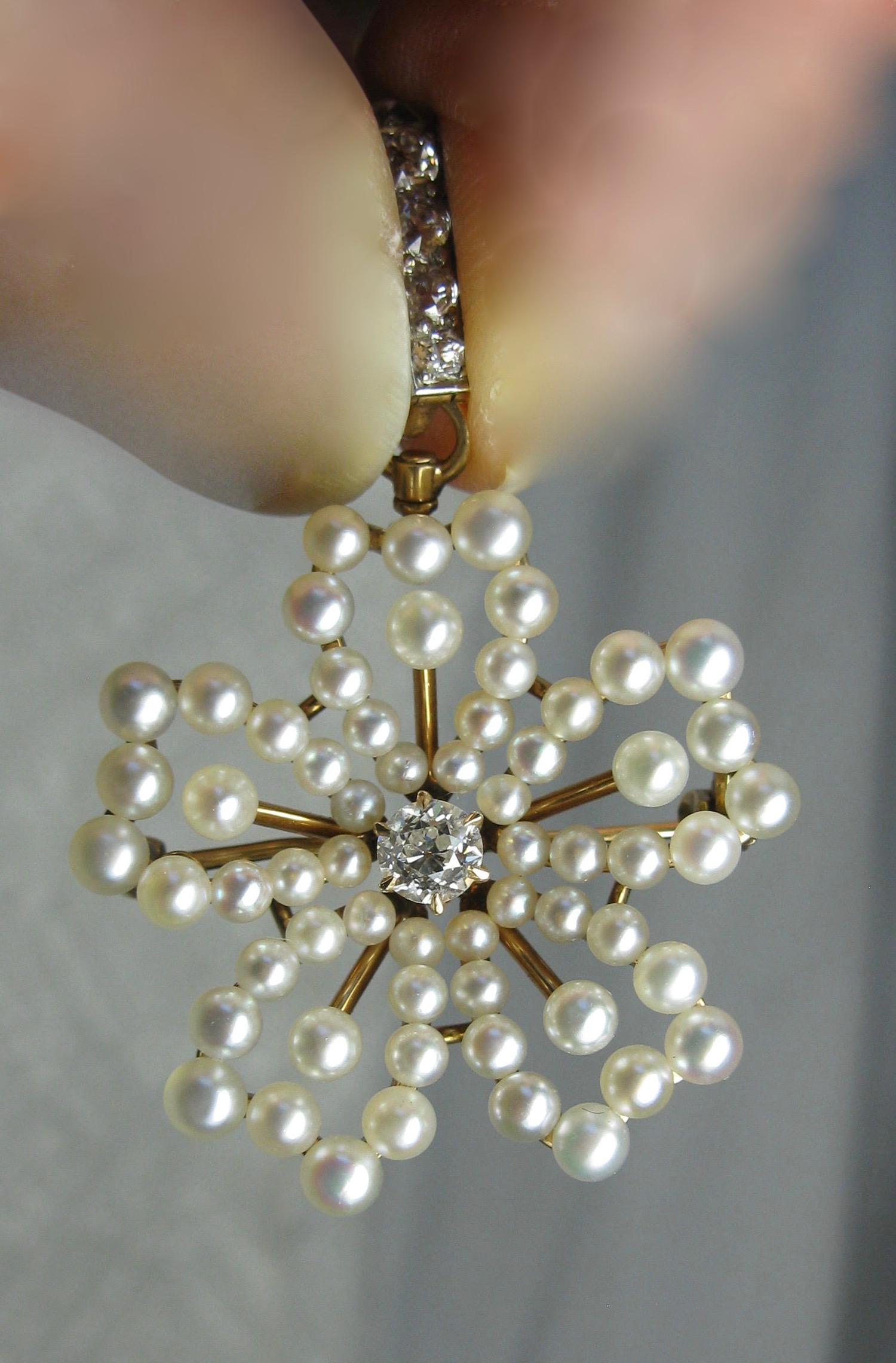 Wendy Vanderbilt 1/2 Carat Diamond Pearl Pendant Brooch Antique Victorian In Good Condition For Sale In New York, NY
