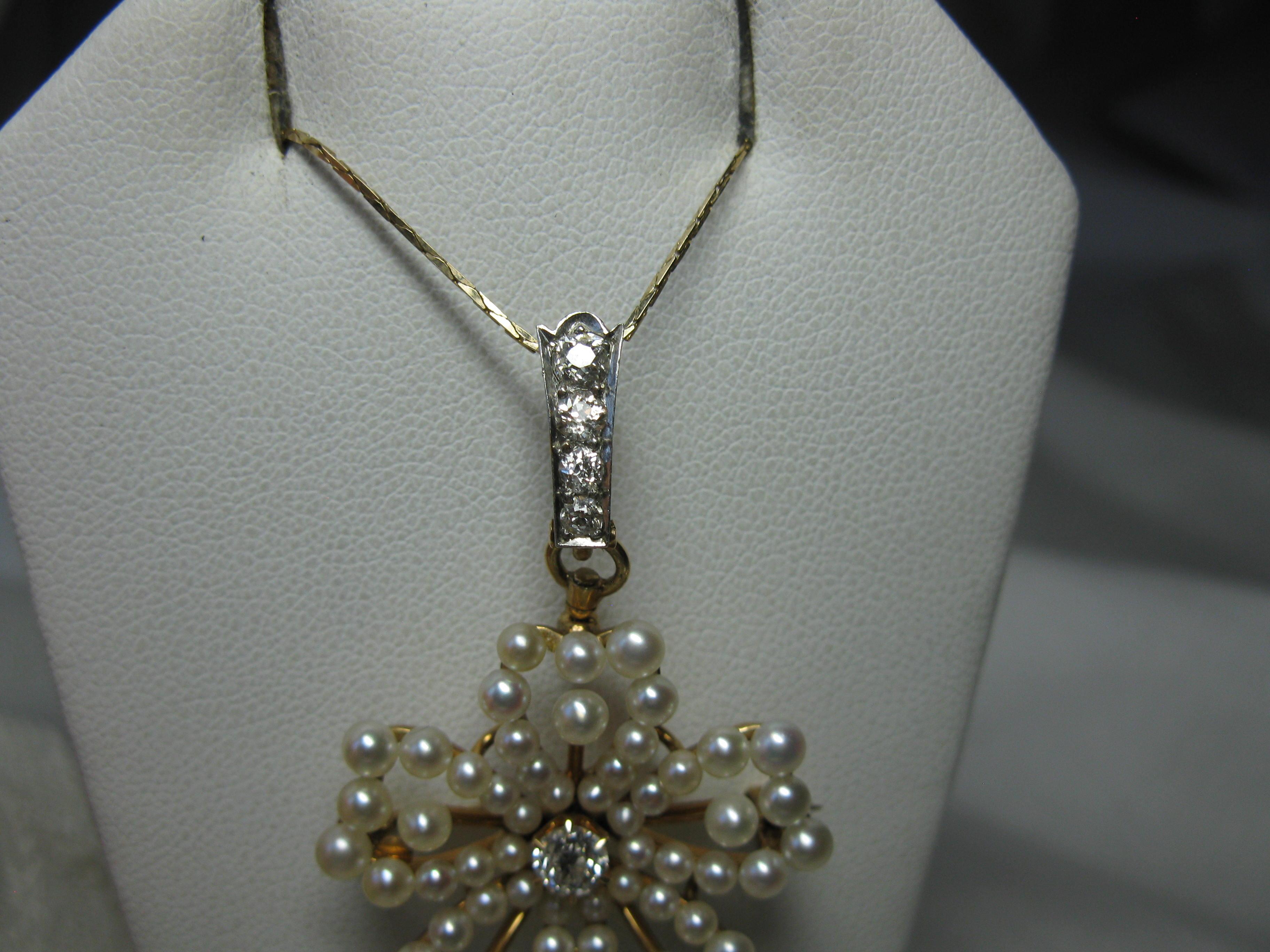Wendy Vanderbilt 1/2 Carat Diamond Pearl Pendant Brooch Antique Victorian For Sale 1