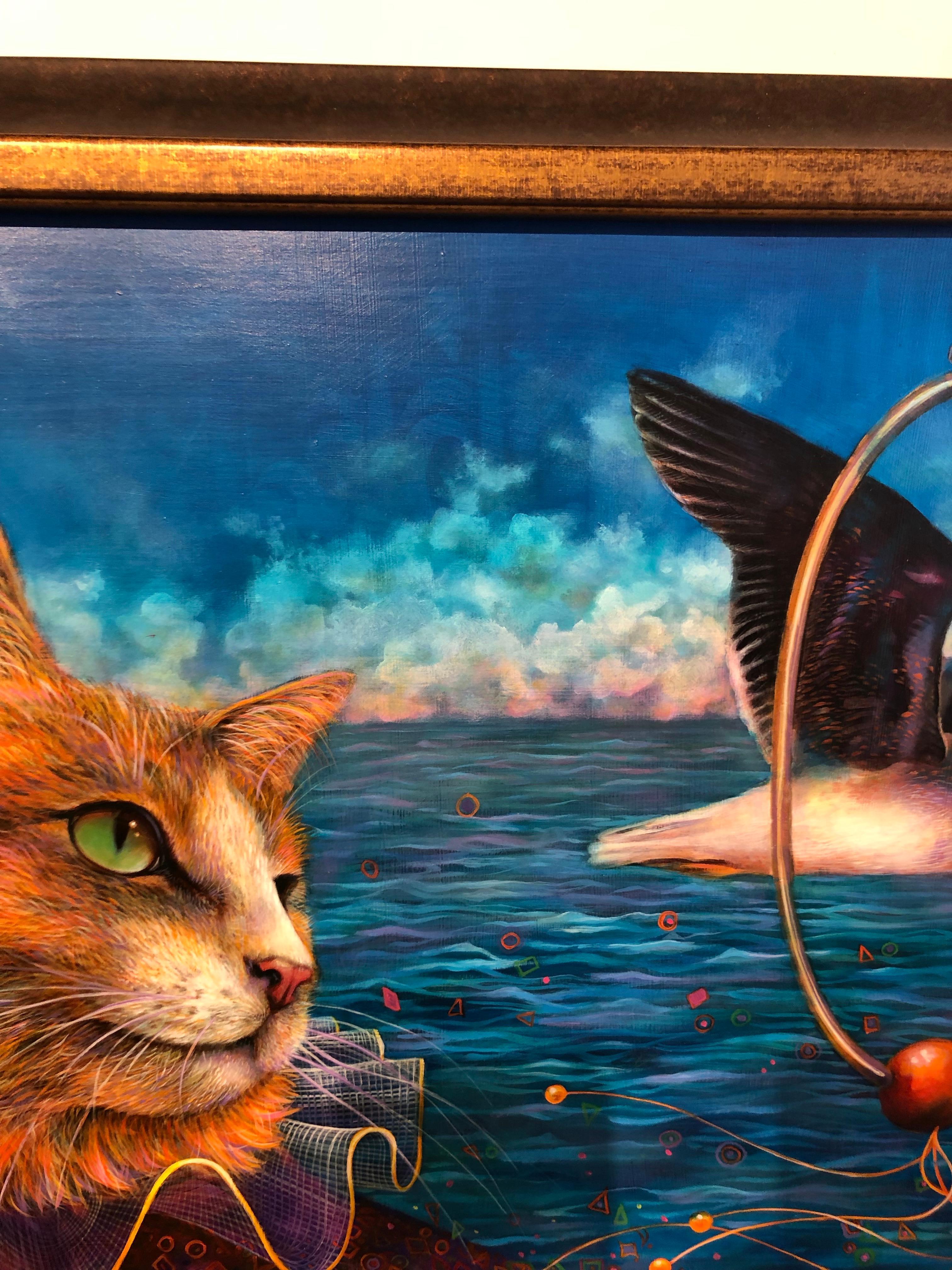 Tricks - Original Oil Painting, Anthropomorphic Scene with Cat and Seagull For Sale 4