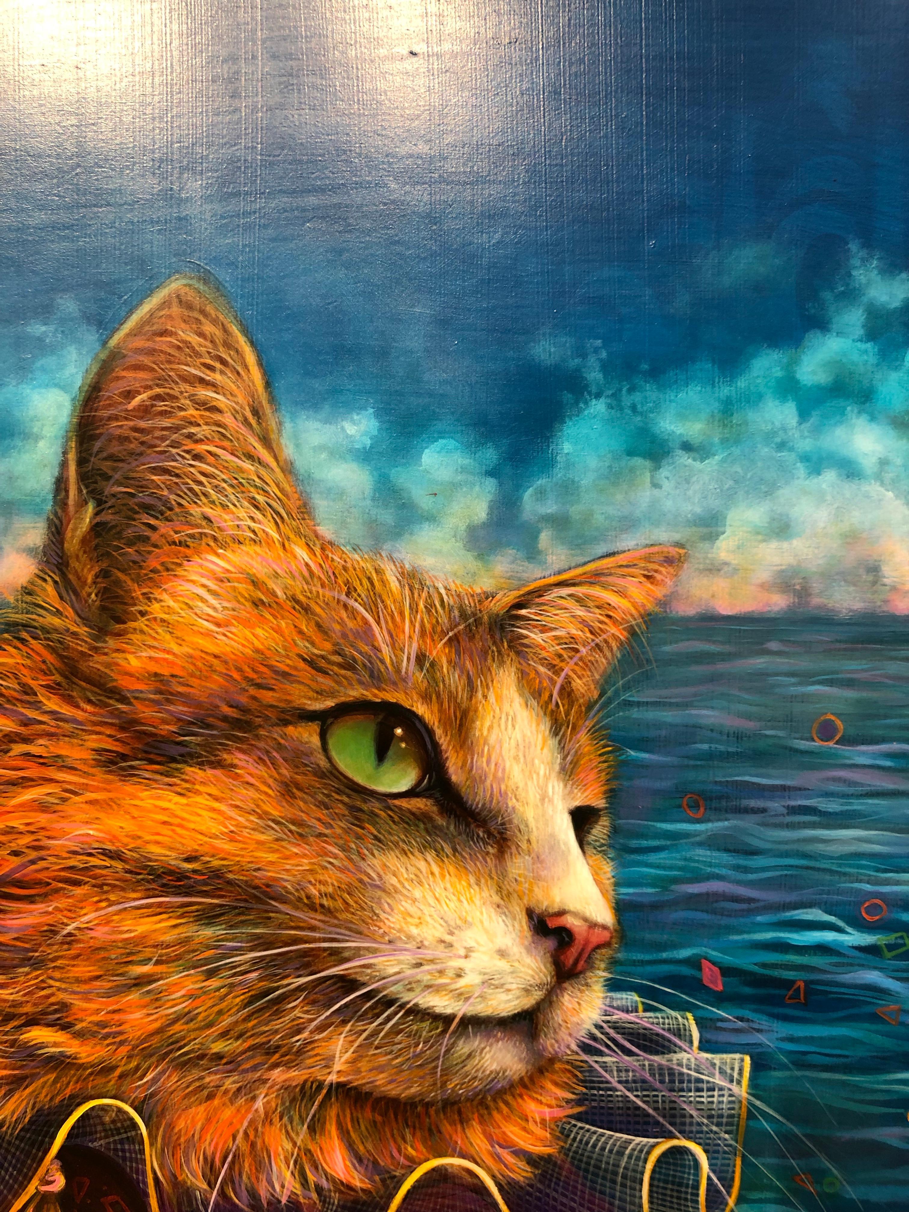 Tricks - Original Oil Painting, Anthropomorphic Scene with Cat and Seagull For Sale 5