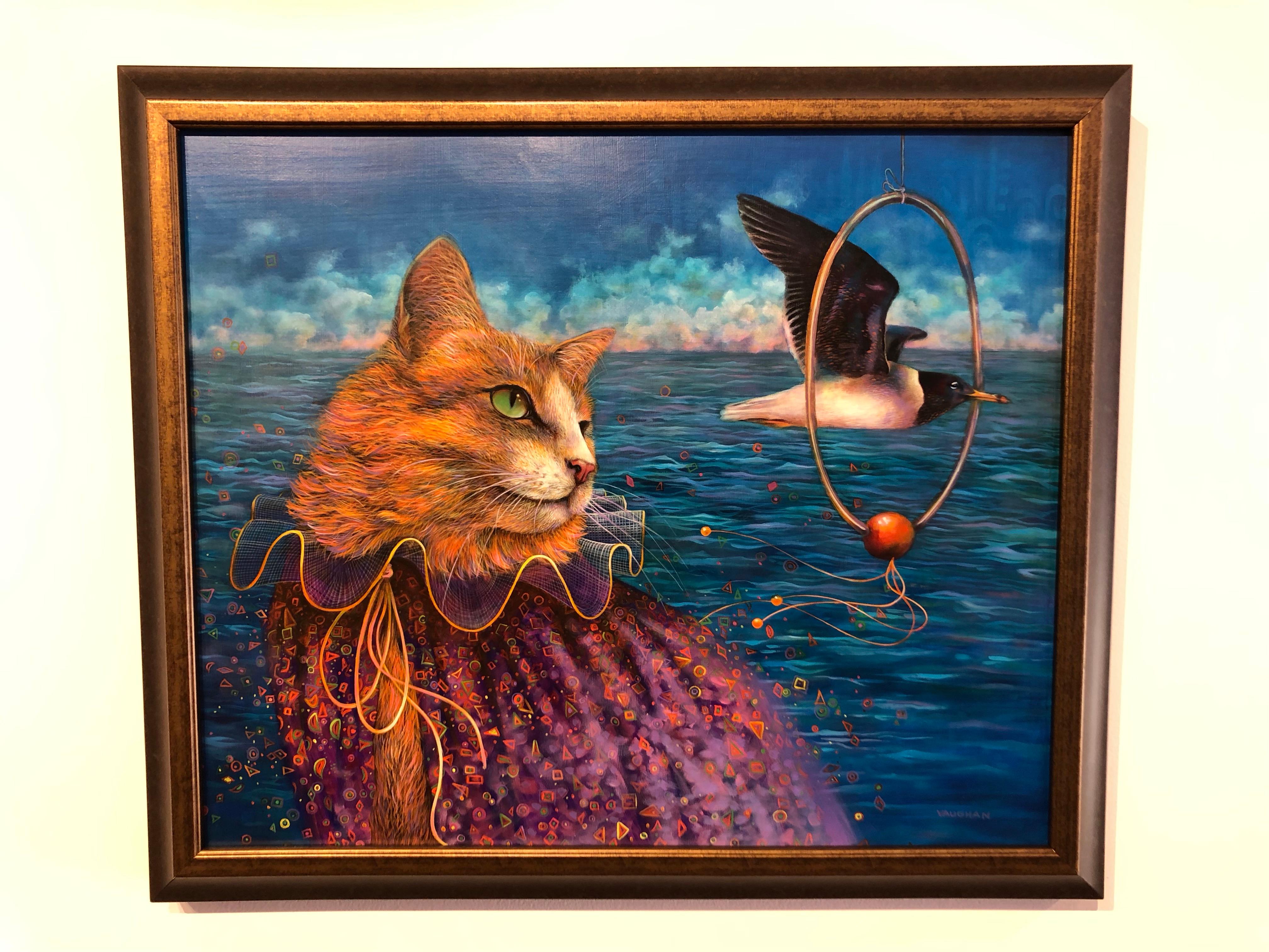 Tricks - Original Ölgemälde, anthropomorphe Szene mit Katze und Möwen – Painting von Wendy Vaughan