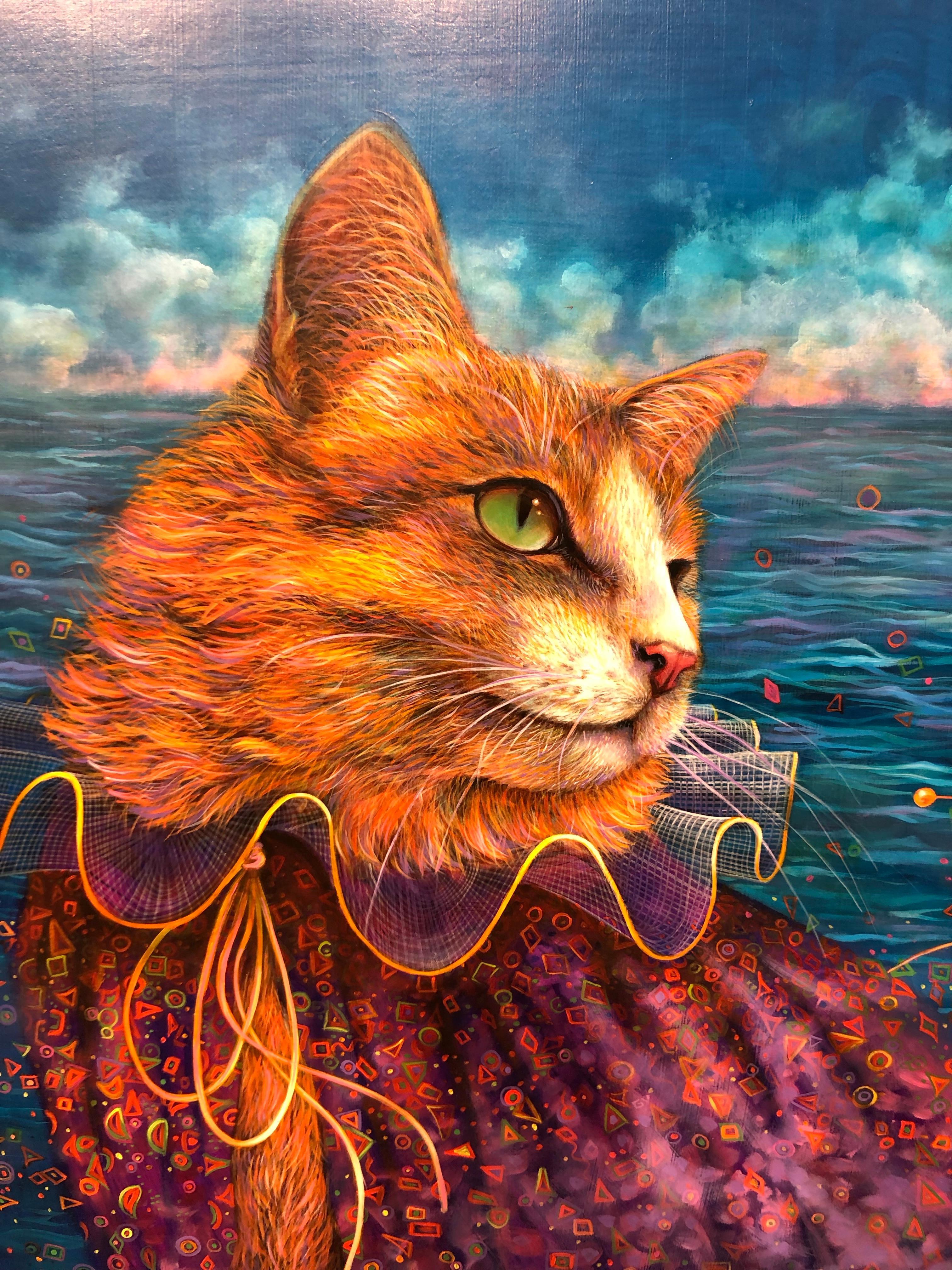 Tricks - Original Oil Painting, Anthropomorphic Scene with Cat and Seagull For Sale 1
